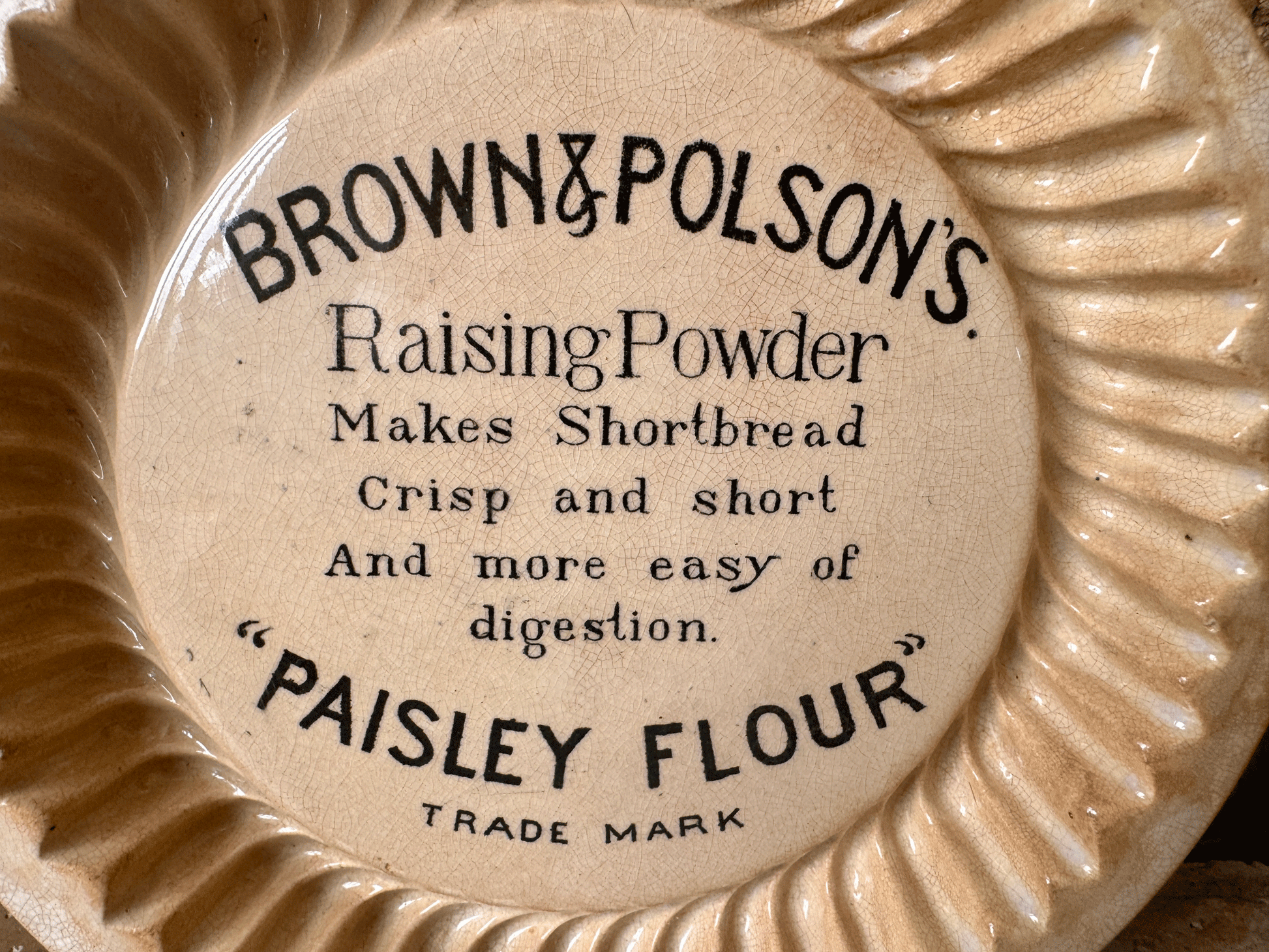 antique edwardian white ironstone stained brown polson paisley flour advertising shortbread mould