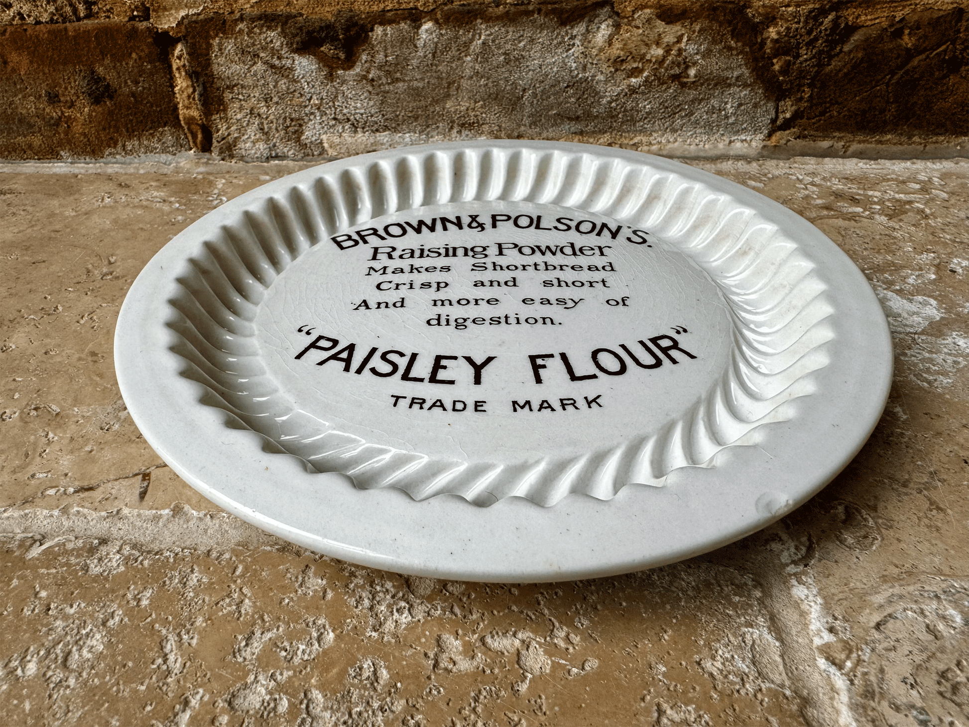 antique early 20th century white ironstone royal doulton burslem shortbread mould advertising brown polson paisley flour