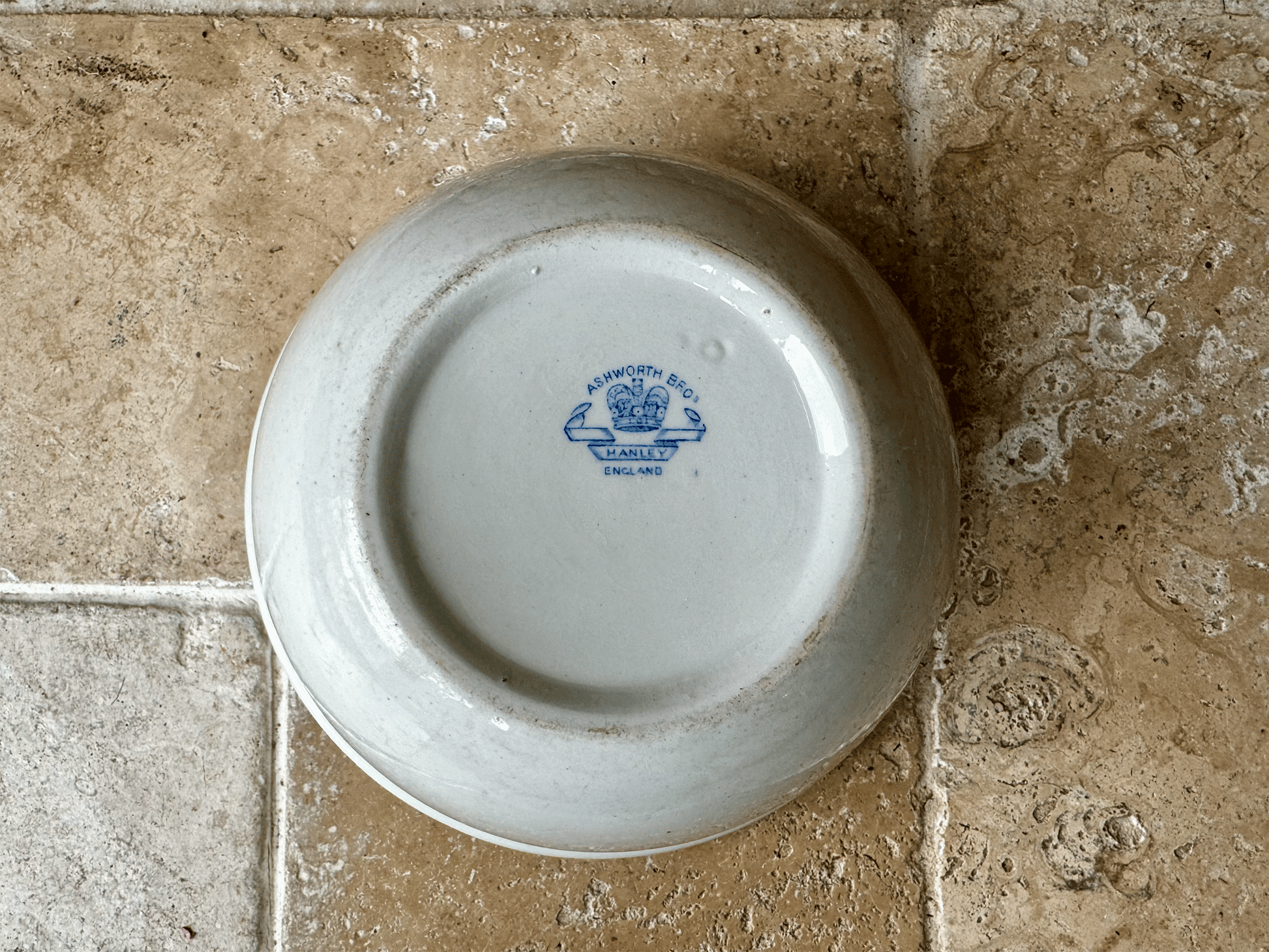 antique white ironstone pudding mixing bowl ashworth bros blue raf logo tableware