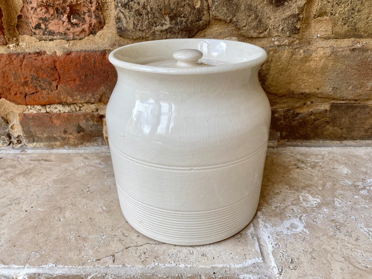 antique vintage 1940s mid century plain banded white ironstone kleen kitchen ware storage jar
