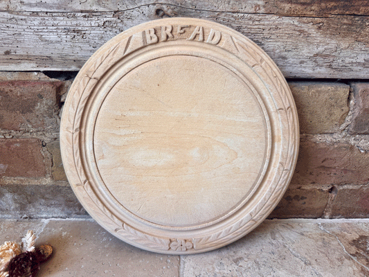 antique vintage carved wooden treen english bread board motto rosette