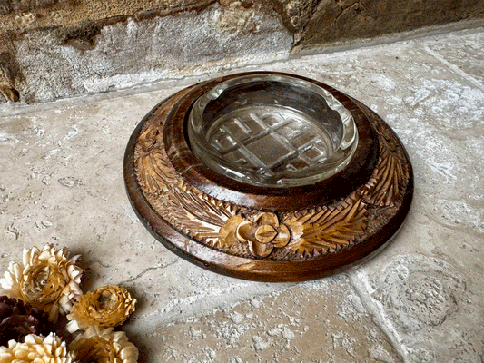 antique deeply carved english wooden treen butter board dish rosettes foliage