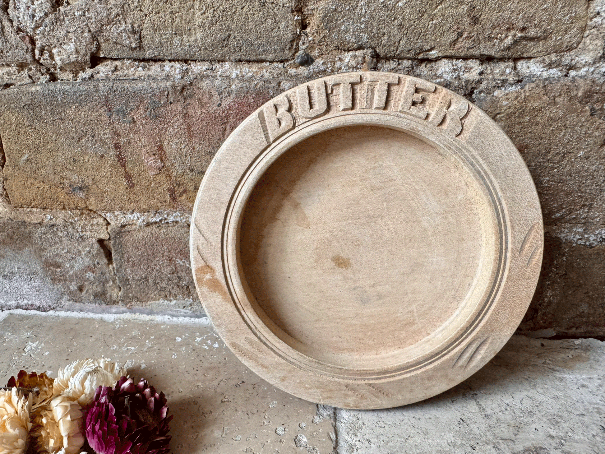 antique english carved wooden treen butter dish