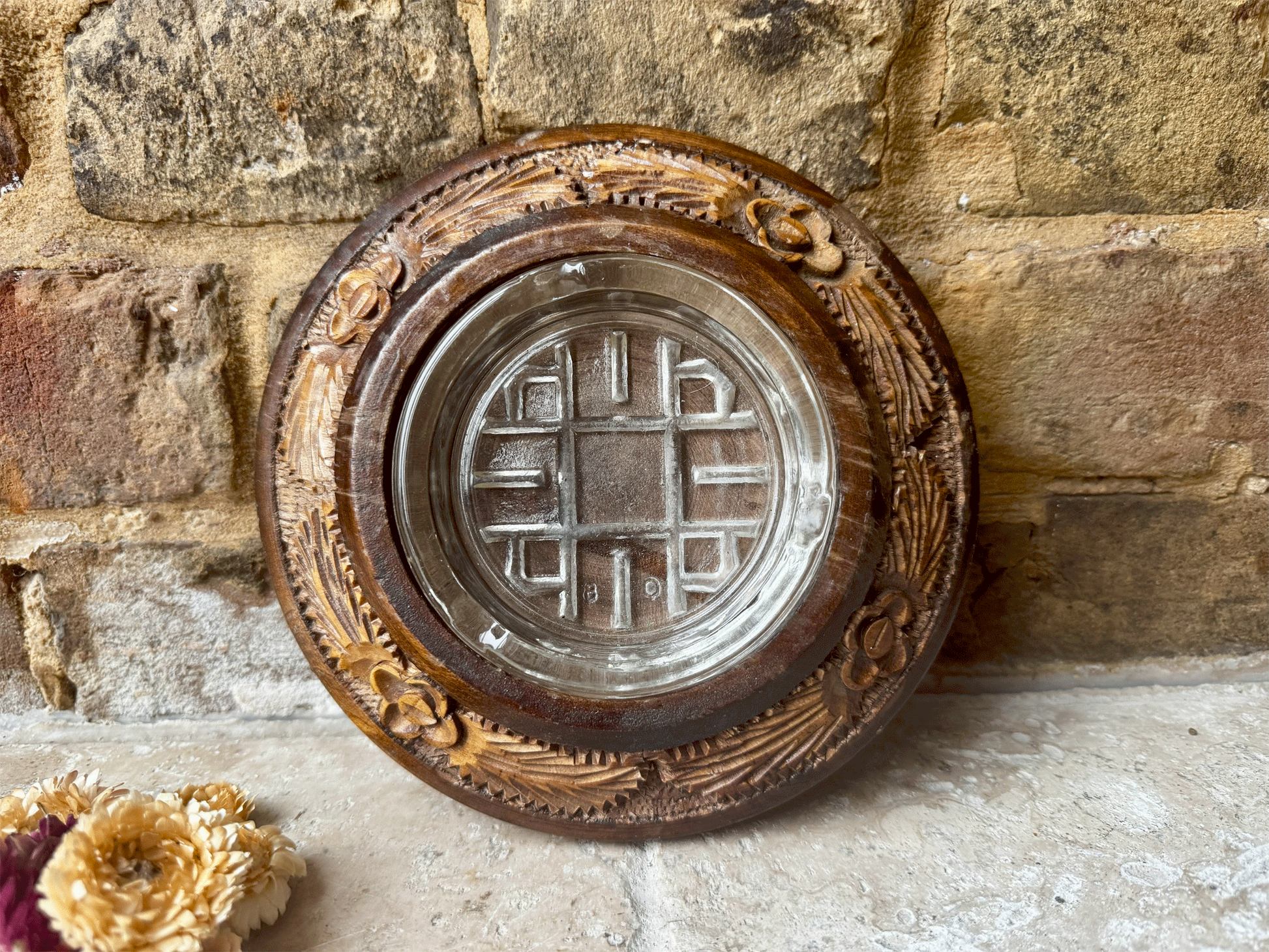 antique deeply carved english wooden treen butter board dish rosettes foliage