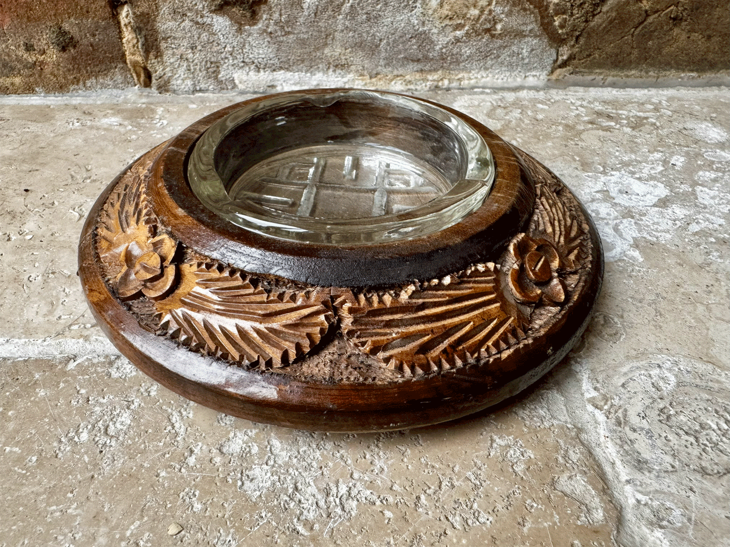 antique deeply carved english wooden treen butter board dish rosettes foliage