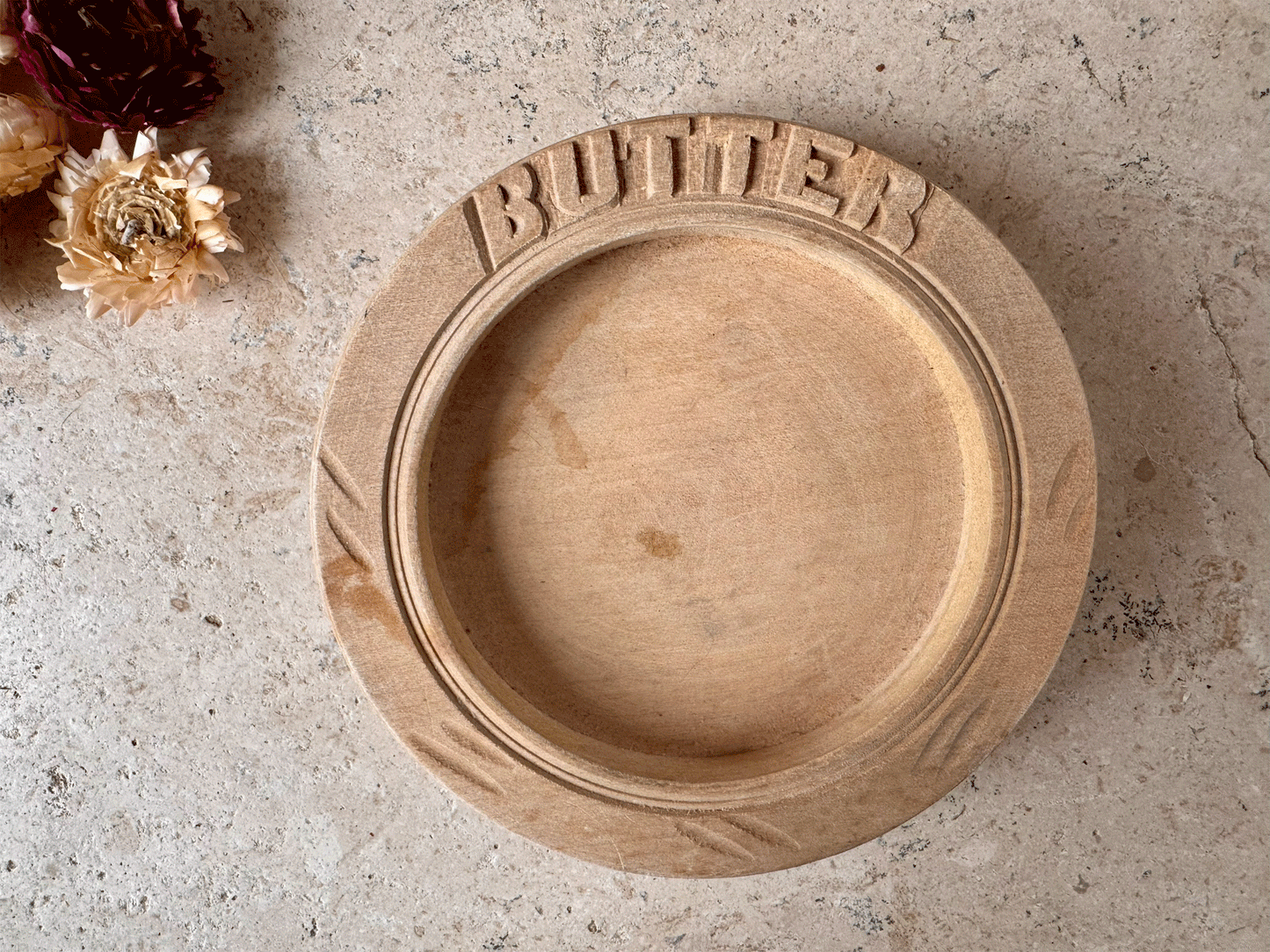 antique english carved wooden treen butter dish