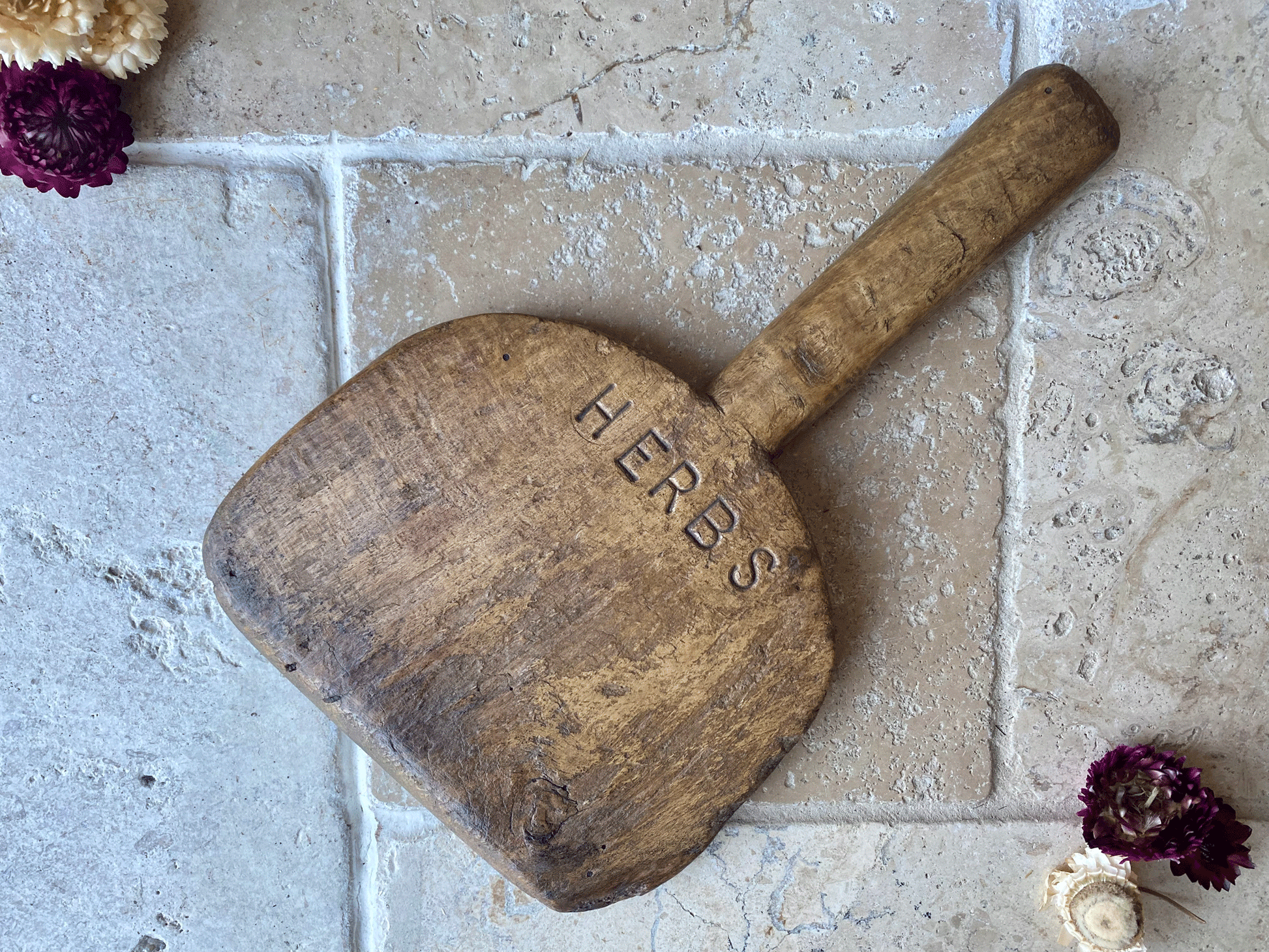rustic carved antique vintage wooden paddle herbs chopping cutting board