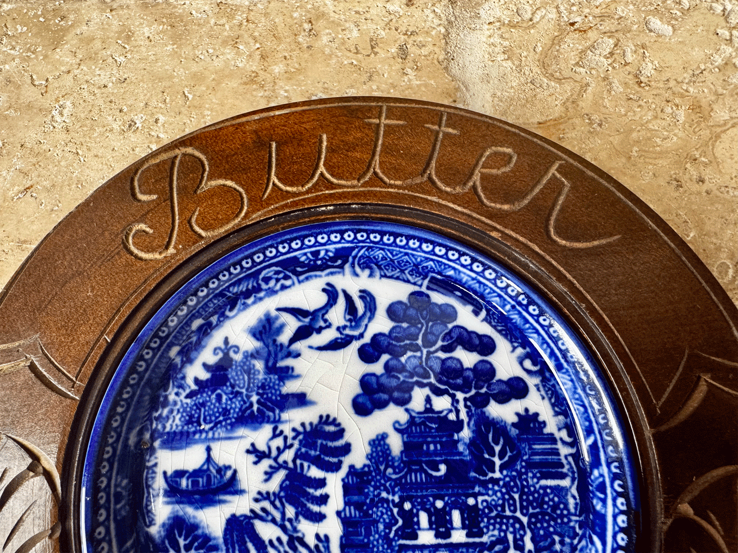 antique carved wooden treen butter board willow liner plate dish