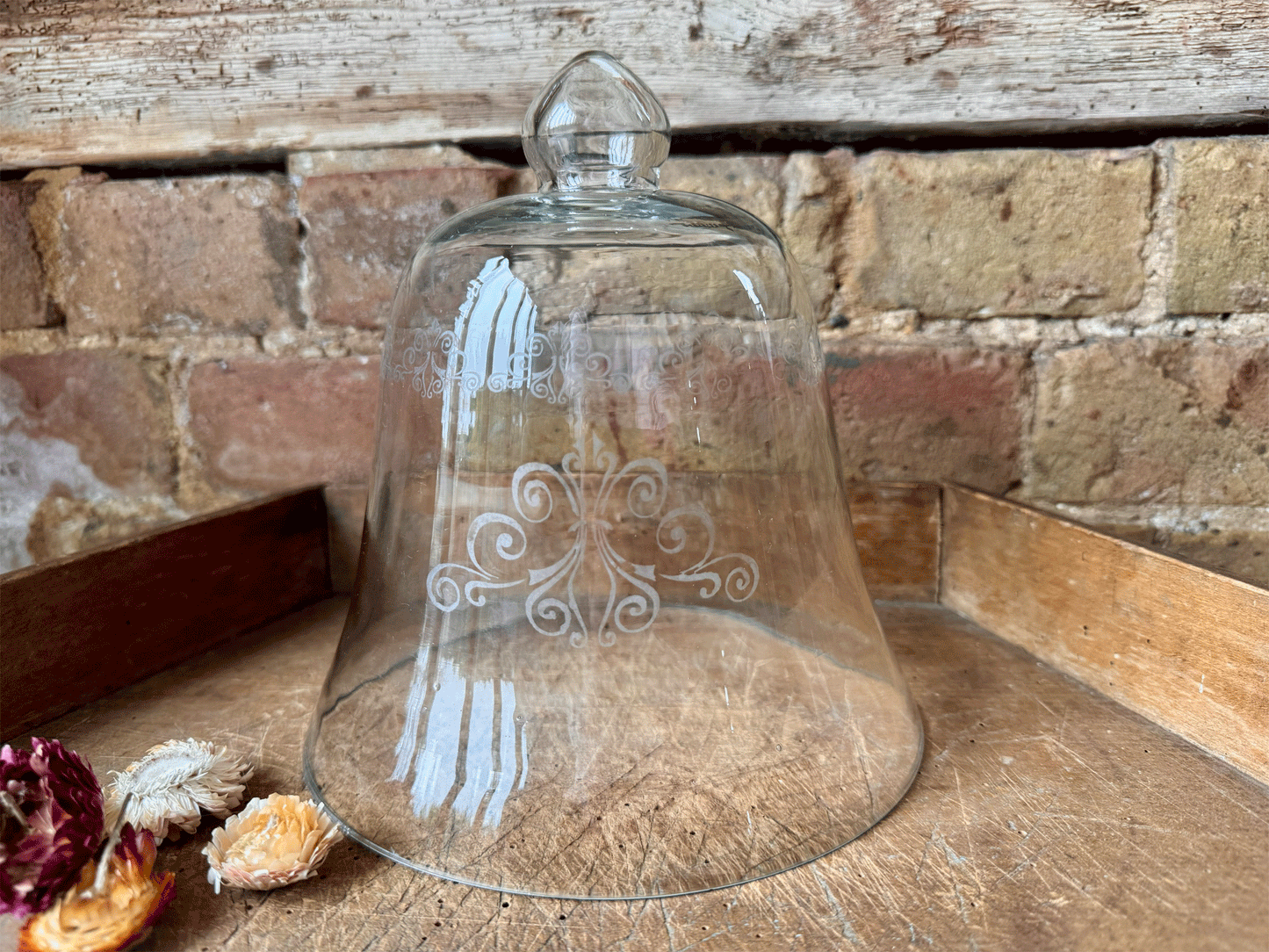 atique english decorative glass cloche ome etched scrollwork leur de lys