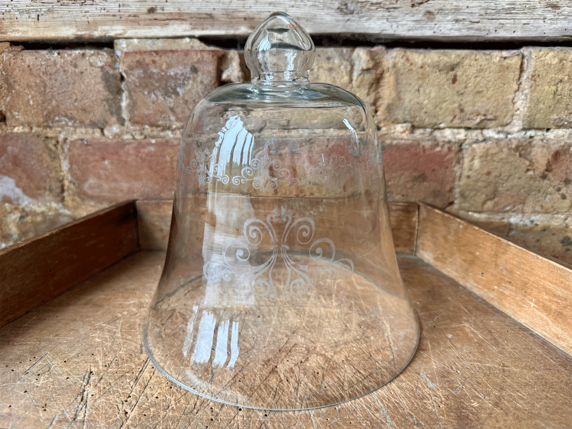 antique english decorative glass cloche ome etched scrollwork leur de lys