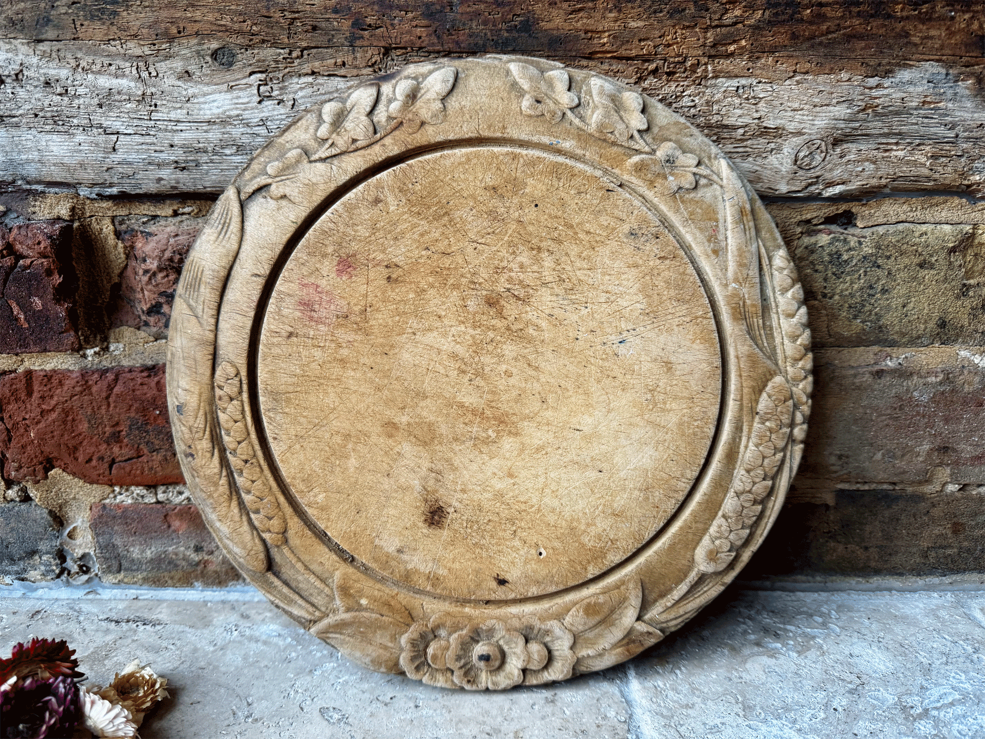 large antique victorian deeply carved wedding bread board ivy wheat barley rosettes