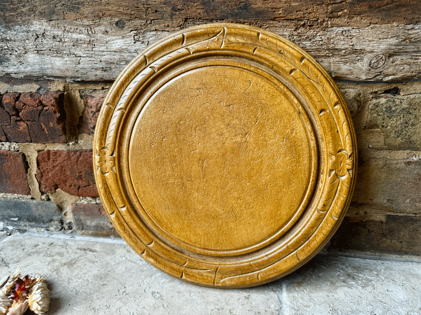 antique english carved wooden treen breadboard rosettes