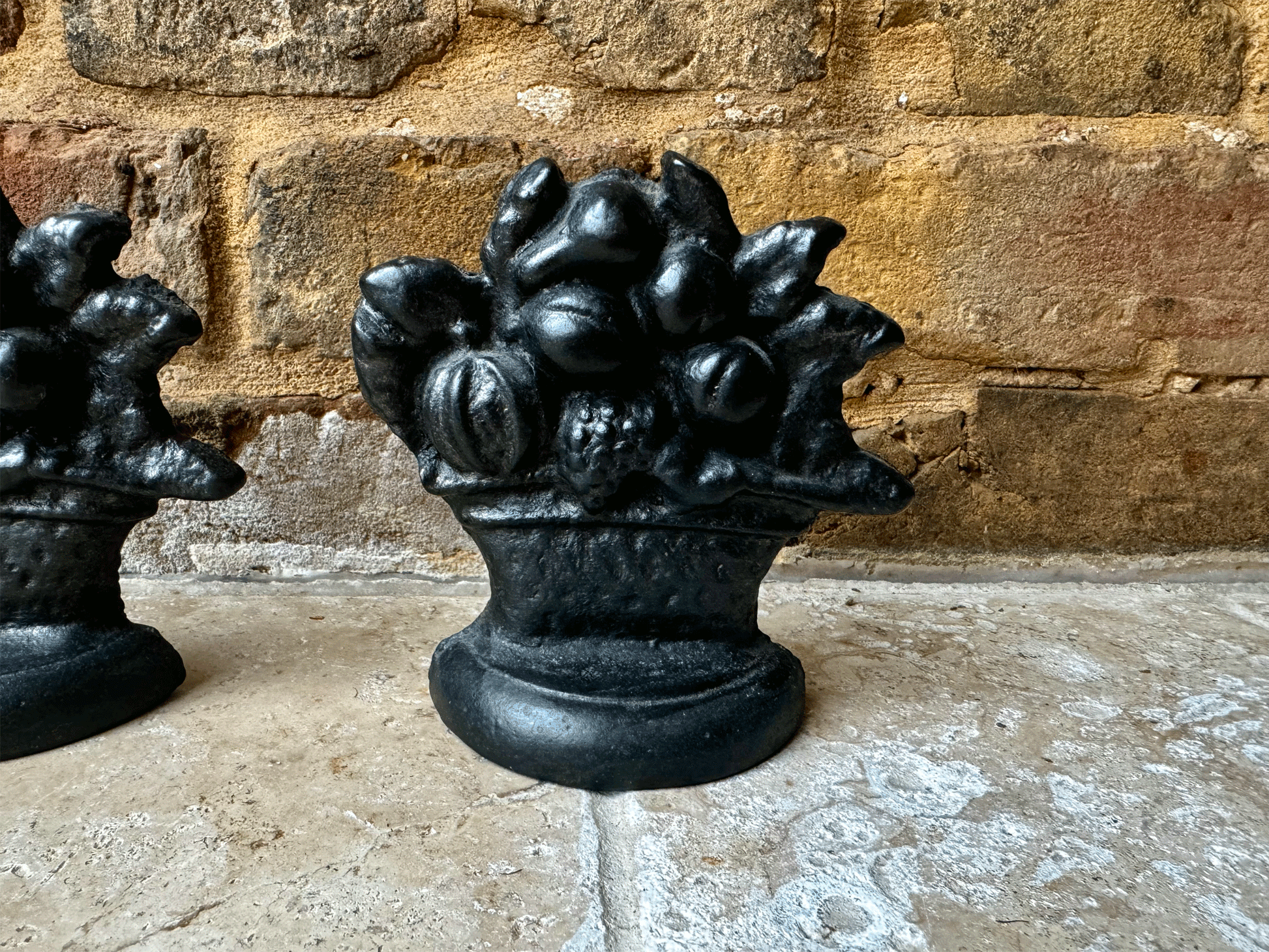 antique english early 20th century cast iron door stop fruit basket