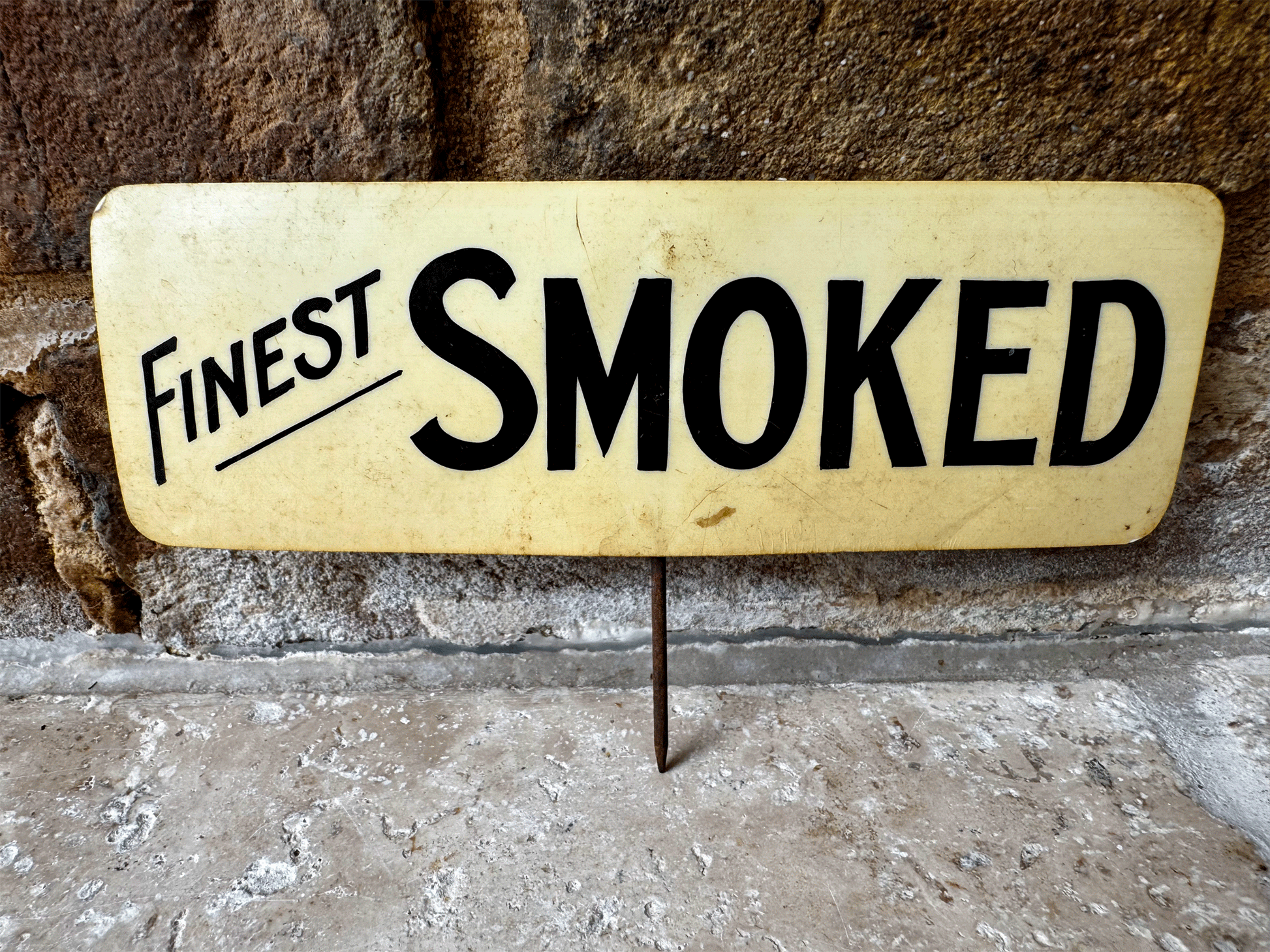 antique english grocers shop advertising price sign spike finest smoked