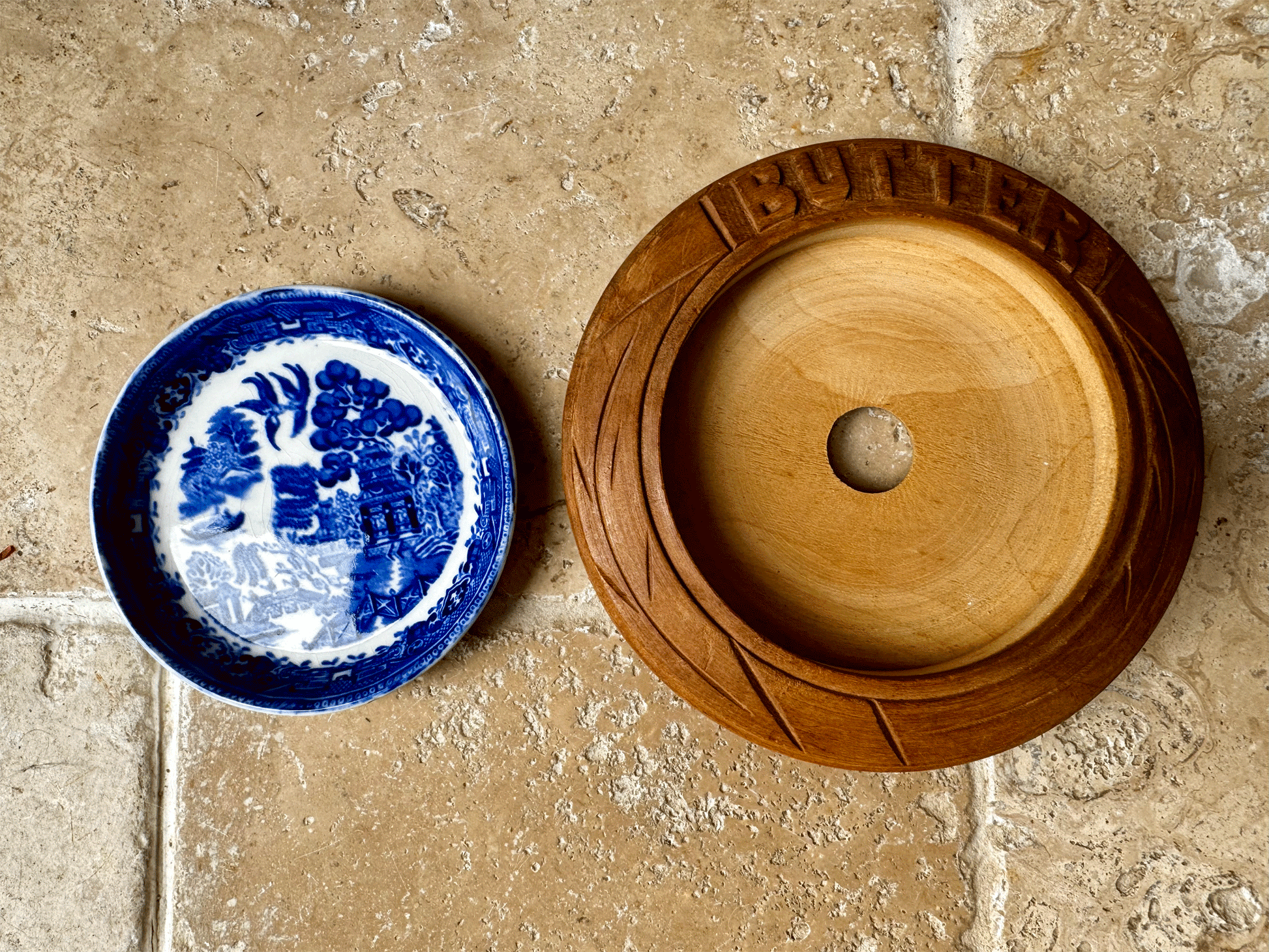 antique english carved wooden treen butter dish willow liner pat