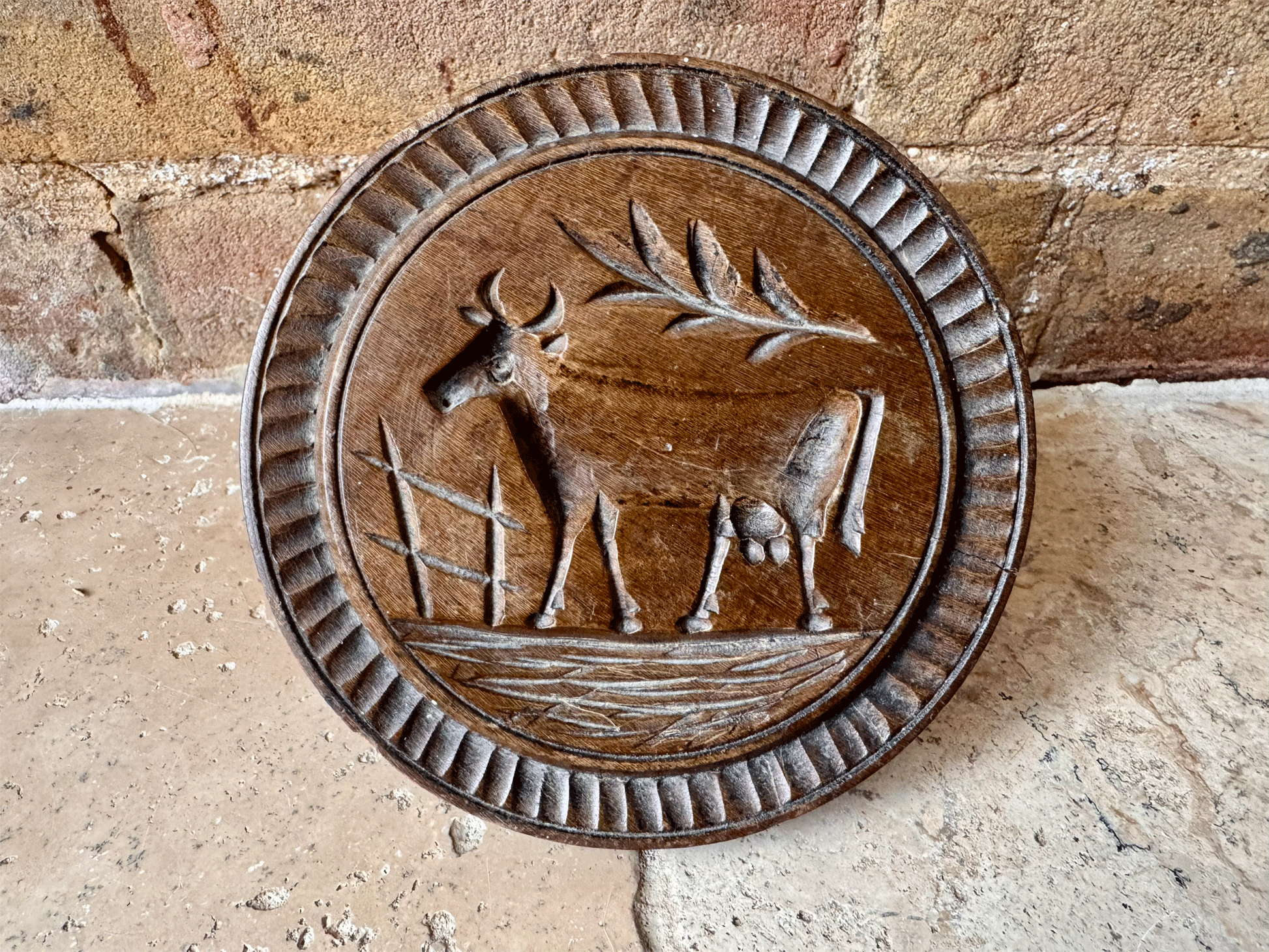 antique english large wooden treen victorian butter stamp grazing cow gate