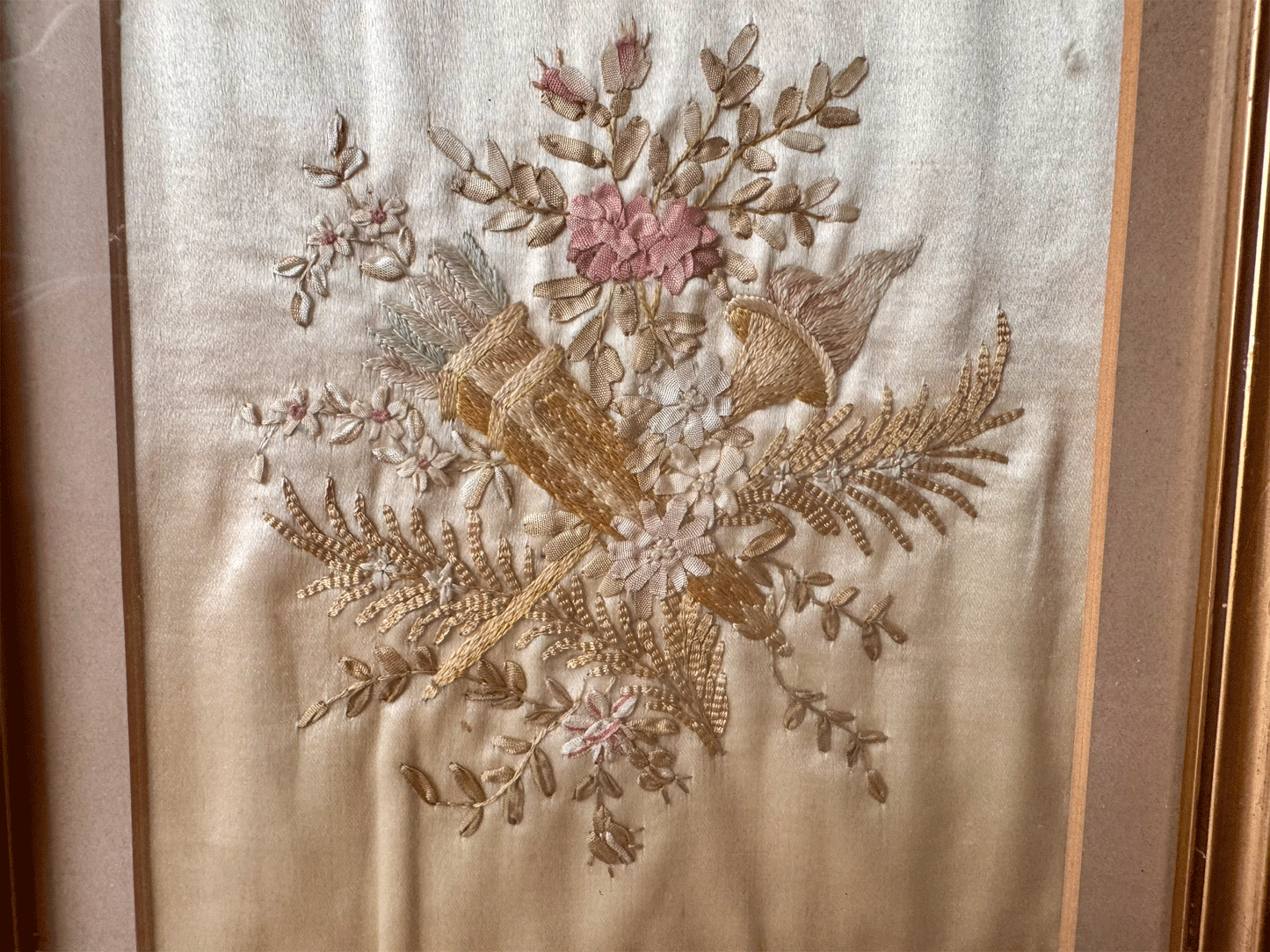 antique english gilt framed silk embroidery flowers florals torch flames liberty 
