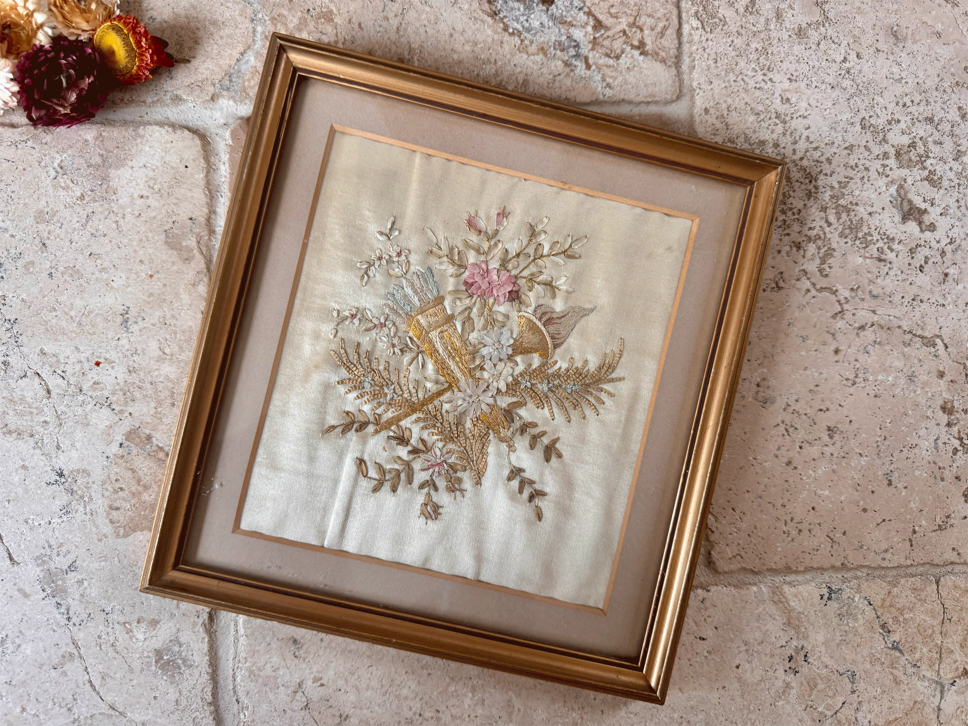 antique english gilt framed silk embroidery flowers florals torch flames liberty 