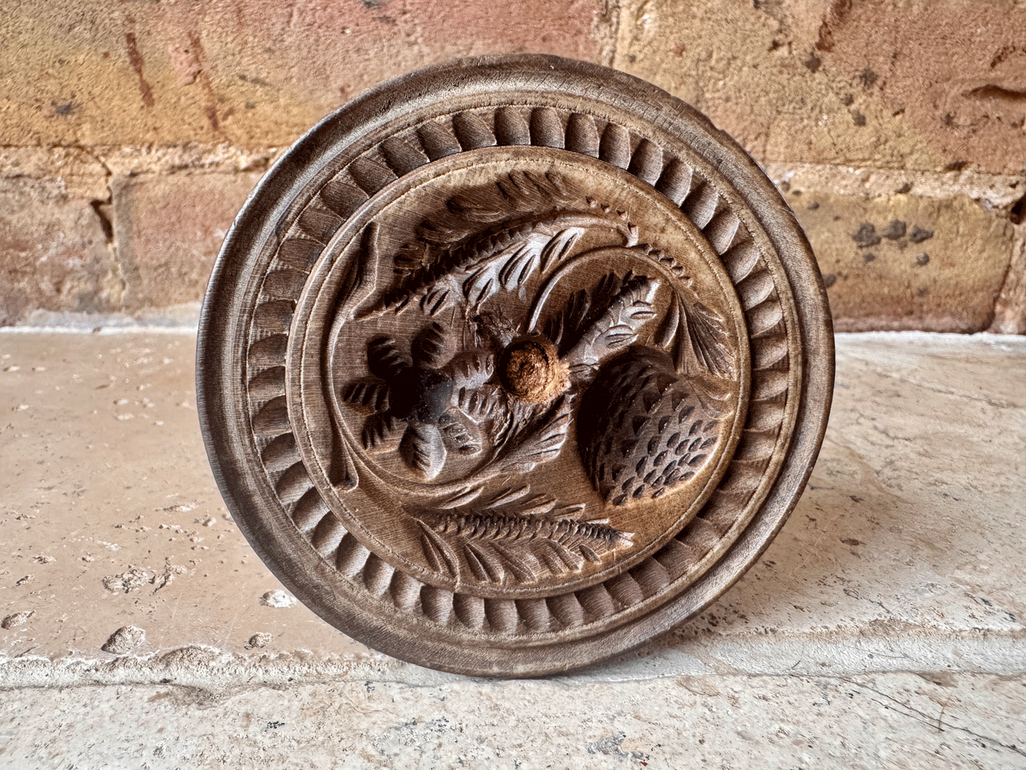 antique english carved wooden treen butter stamp mould strawberry flower kitchenalia