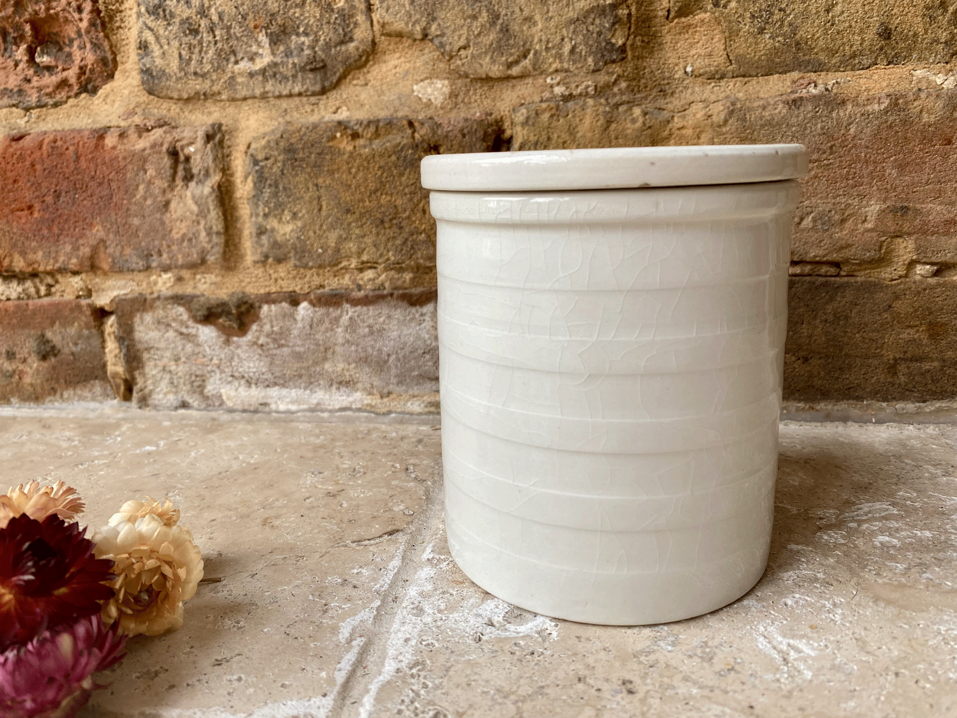 antique early 20th century english maling cetem ware plain banded white ironstone storage jar