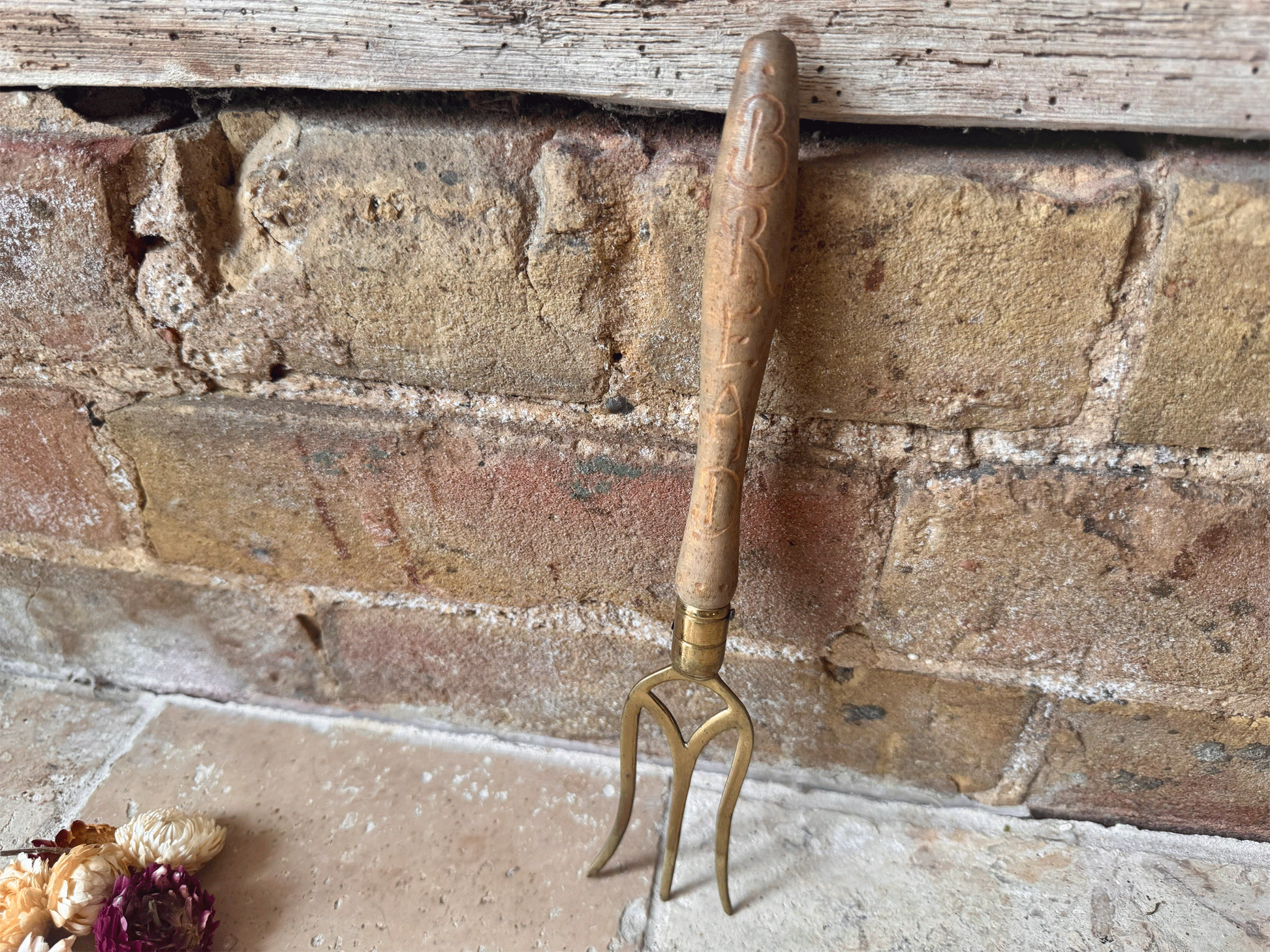 rare antique english carved wooden treen bread fork brass kitchen utensil