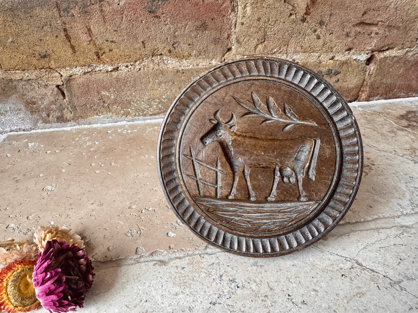 antique english large wooden treen victorian butter stamp grazing cow gate