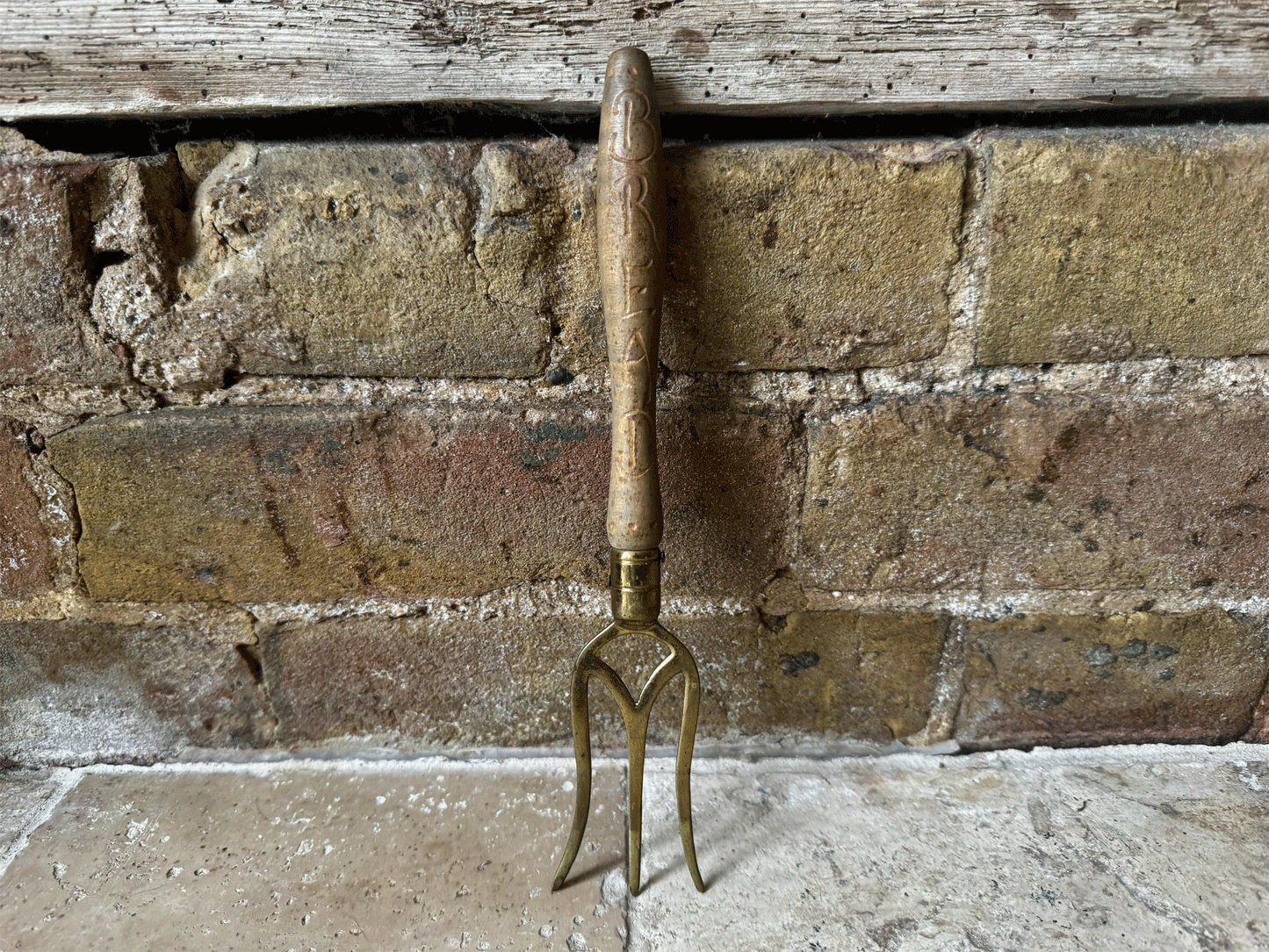 rare antique english carved wooden treen bread fork brass kitchen utensil