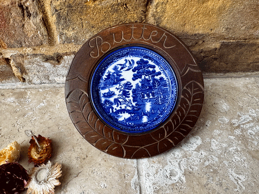 antique carved wooden treen butter board willow liner plate dish