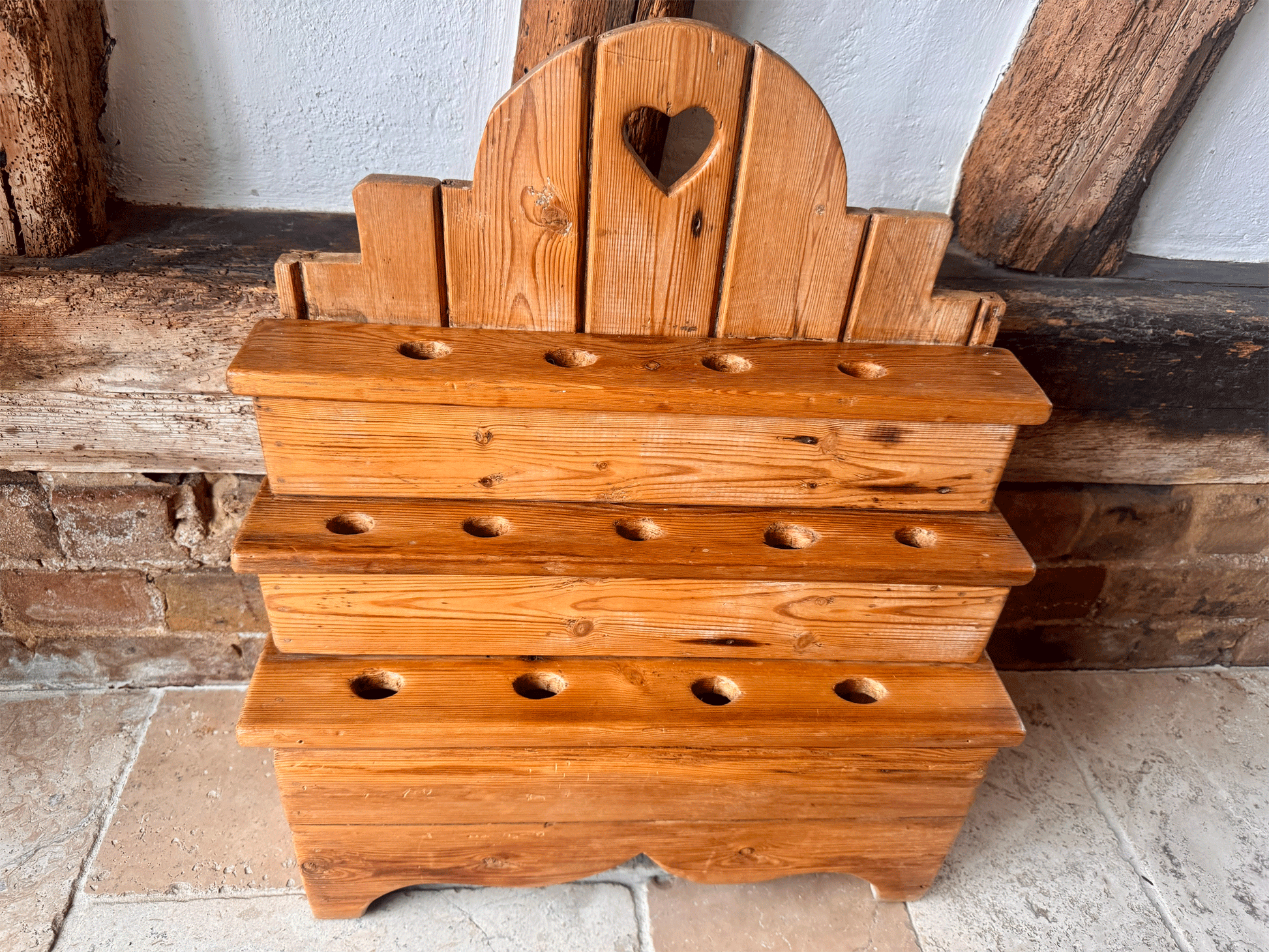 antique english welsh cawl spoon holder wooden pine extra large heart