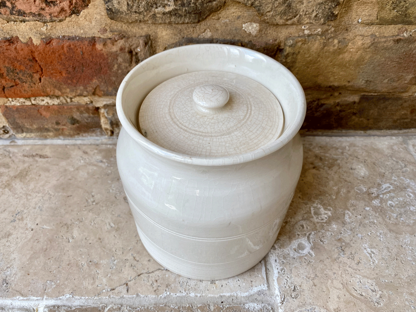 antique vintage 1940s mid century plain banded white ironstone kleen kitchen ware storage jar