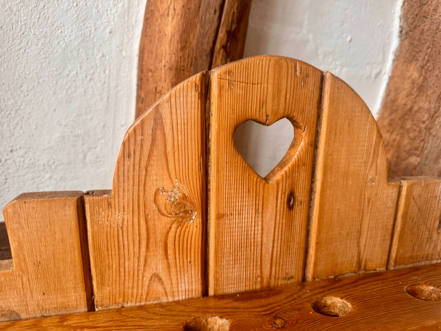 antique english welsh cawl spoon holder wooden pine extra large heart