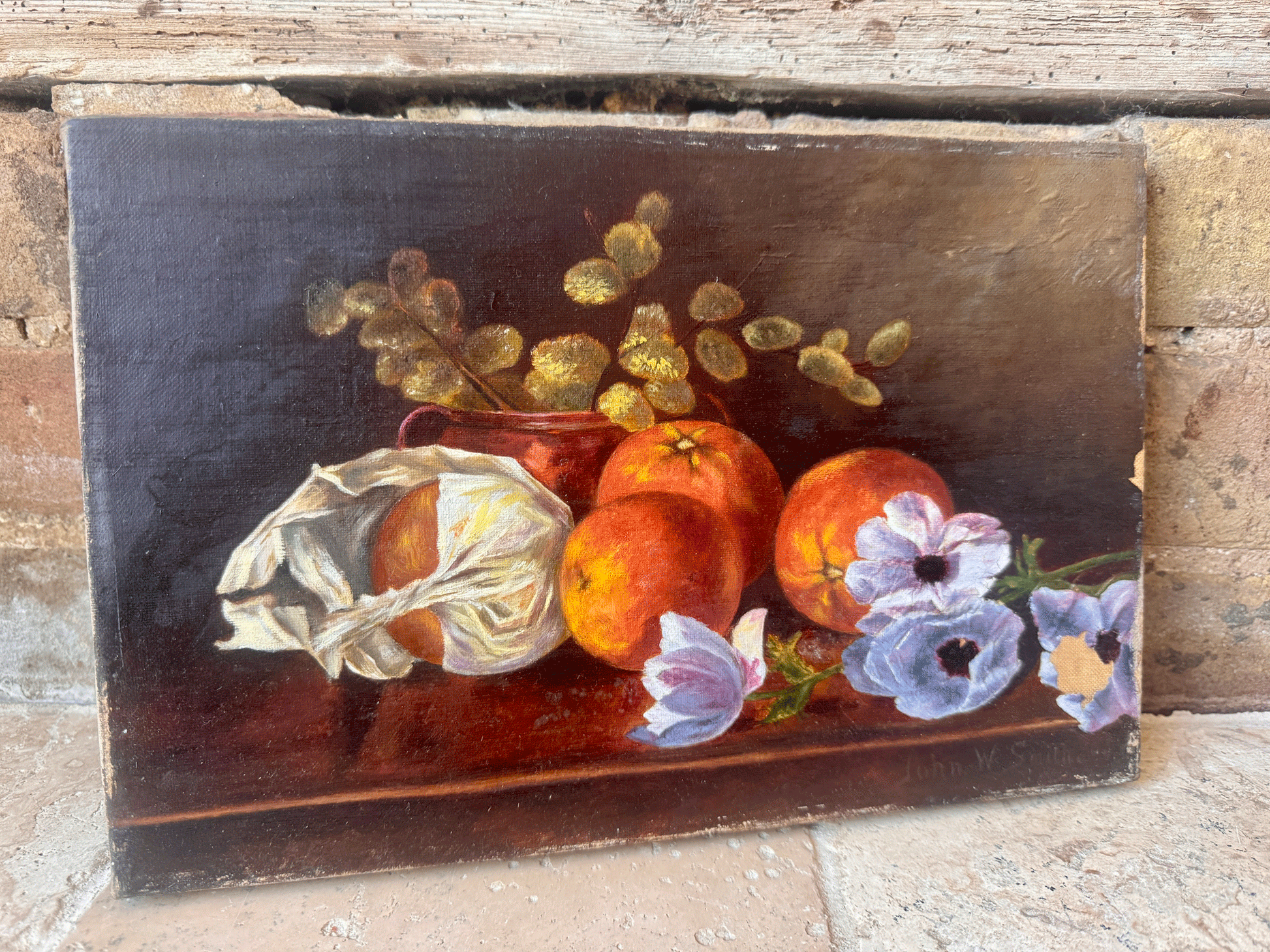 antique english still life oil painting canvas peaches confit eucalyptus anenomes florals signed john w smith