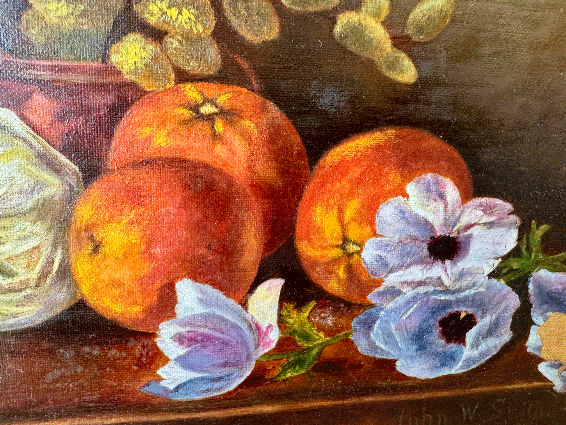 antique english still life oil painting canvas peaches confit eucalyptus anenomes florals signed john w smith