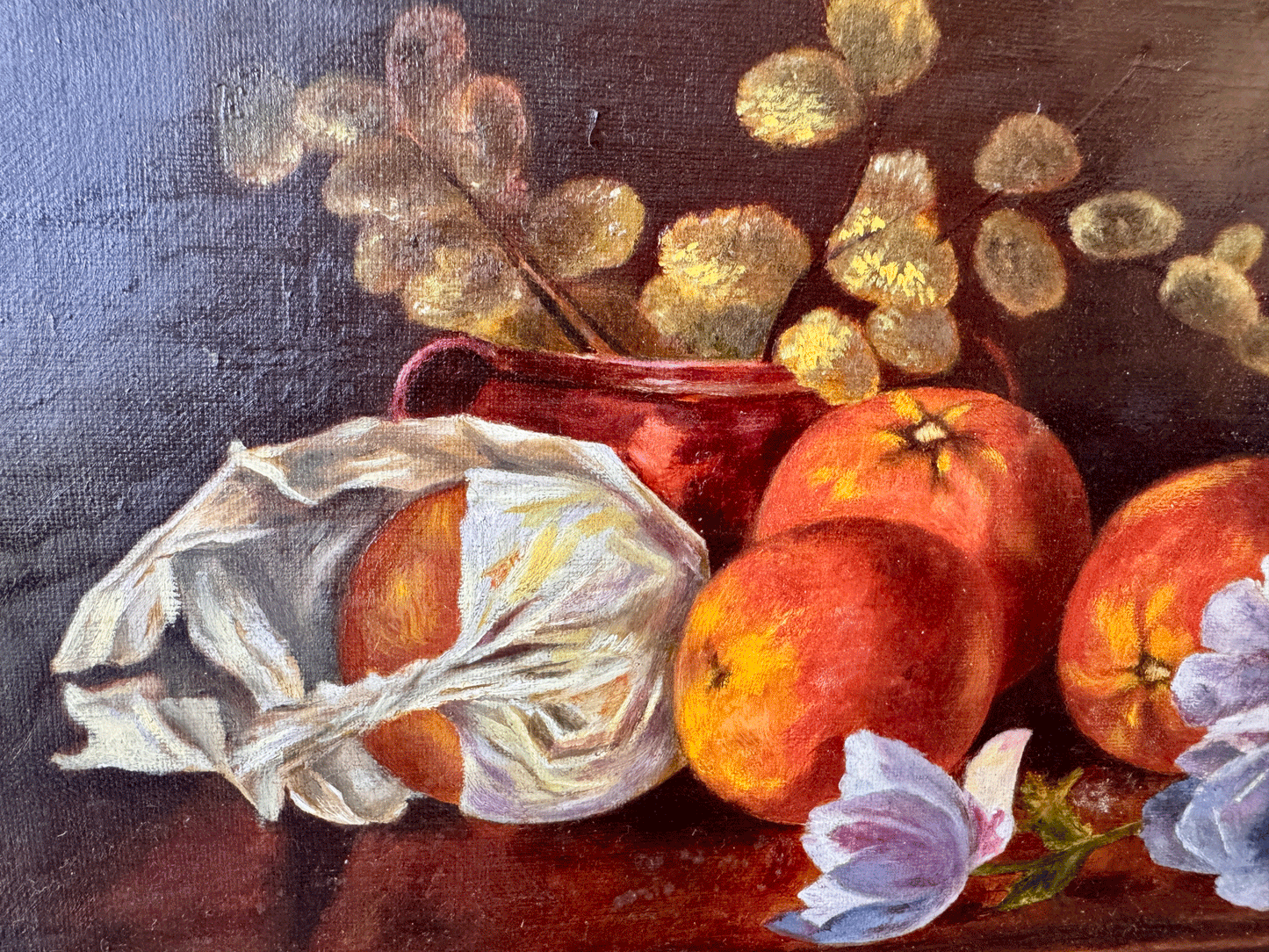 antique english still life oil painting canvas peaches confit eucalyptus anenomes florals signed john w smith