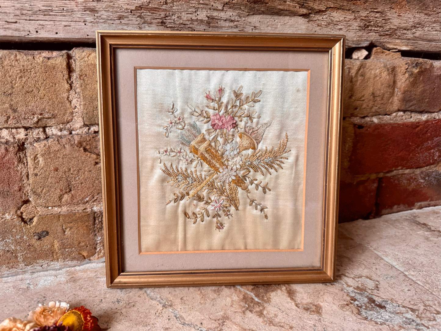 antique english gilt framed silk embroidery flowers florals torch flames liberty 