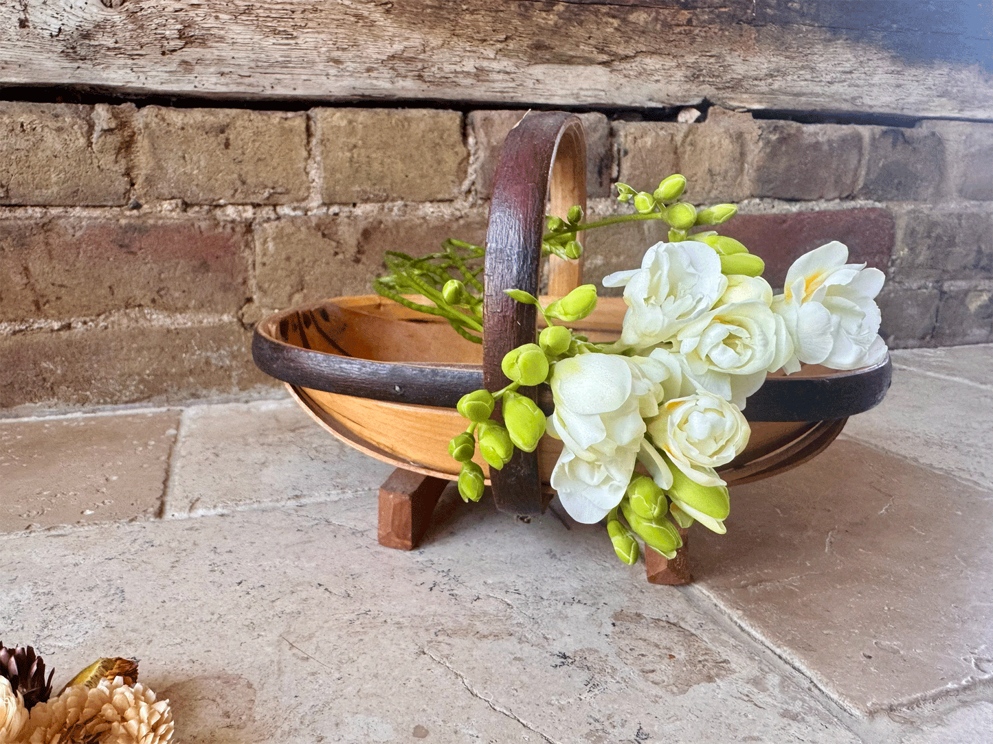 small antique english bentwood wooden sussex trug gardenalia vegetables flower basket