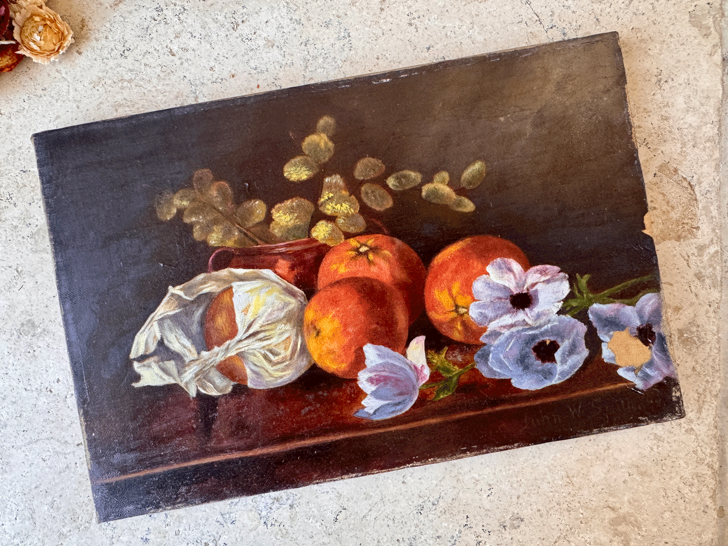 antique english still life oil painting canvas peaches confit eucalyptus anenomes florals signed john w smith