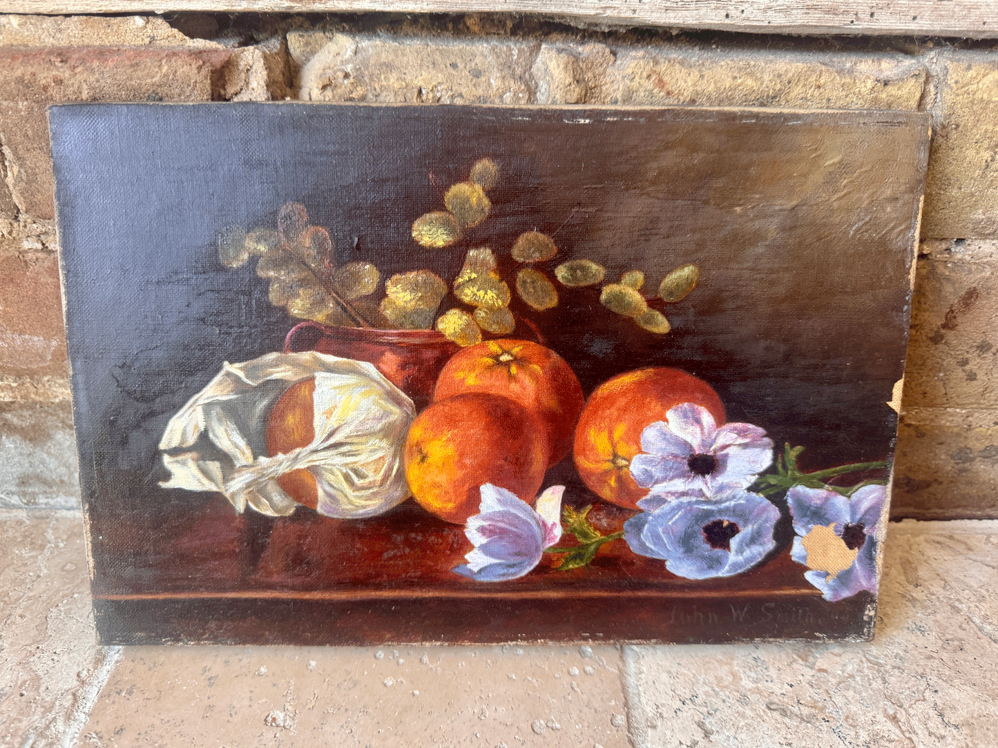 antique english still life oil painting canvas peaches confit eucalyptus anenomes florals signed john w smith