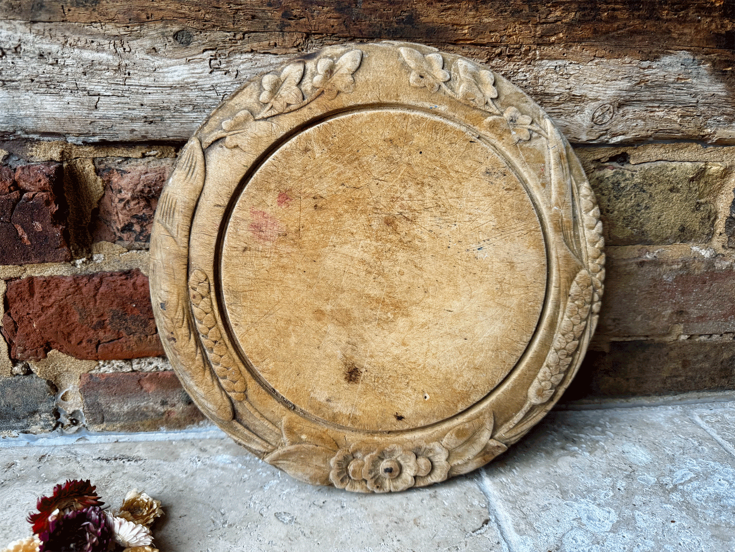 large antique victorian deeply carved wedding bread board ivy wheat barley rosettes