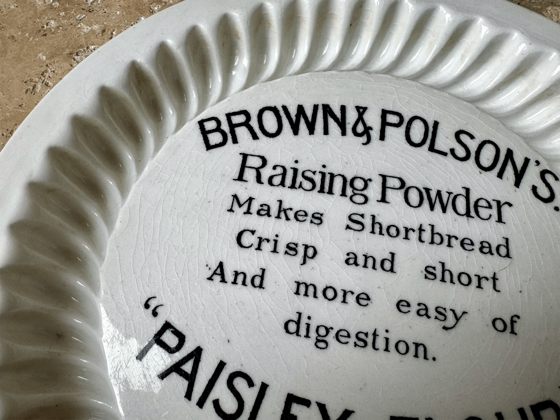 antique early 20th century white ironstone royal doulton burslem shortbread mould advertising brown polson paisley flour