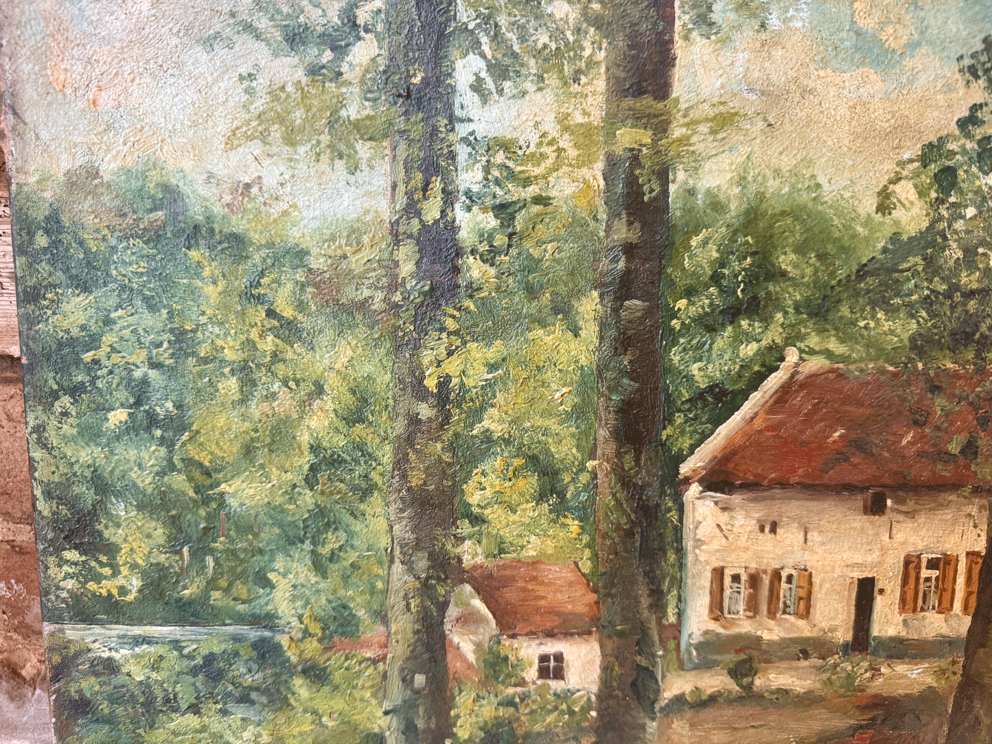 antique european artwork signed dated oil painting canvas landscape country rural farmhouse country en plein air pastoral art