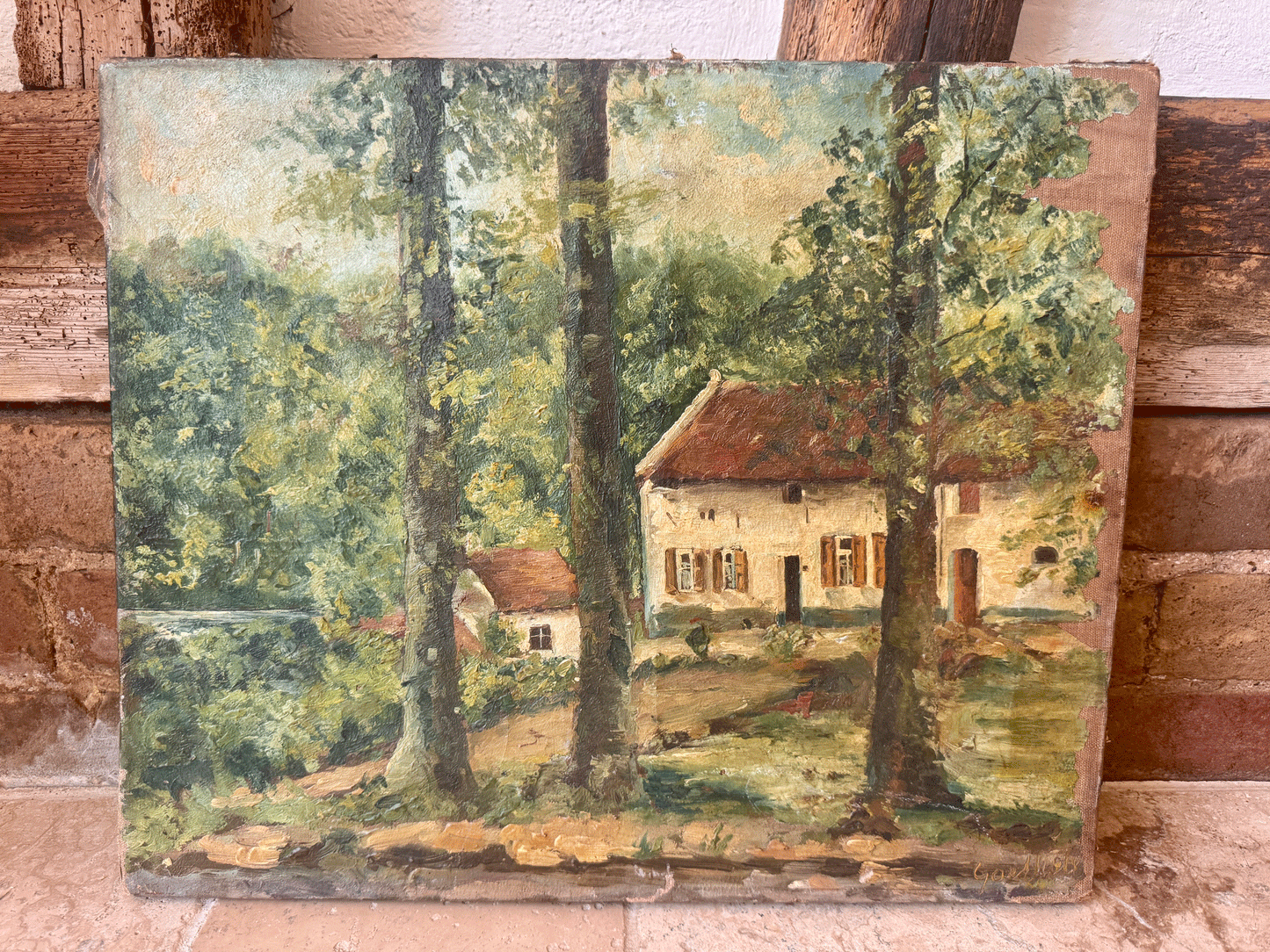 antique european artwork signed dated oil painting canvas landscape country rural farmhouse country en plein air pastoral art