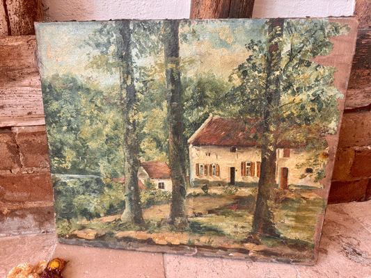 antique european artwork signed dated oil painting canvas landscape country rural farmhouse country en plein air pastoral art