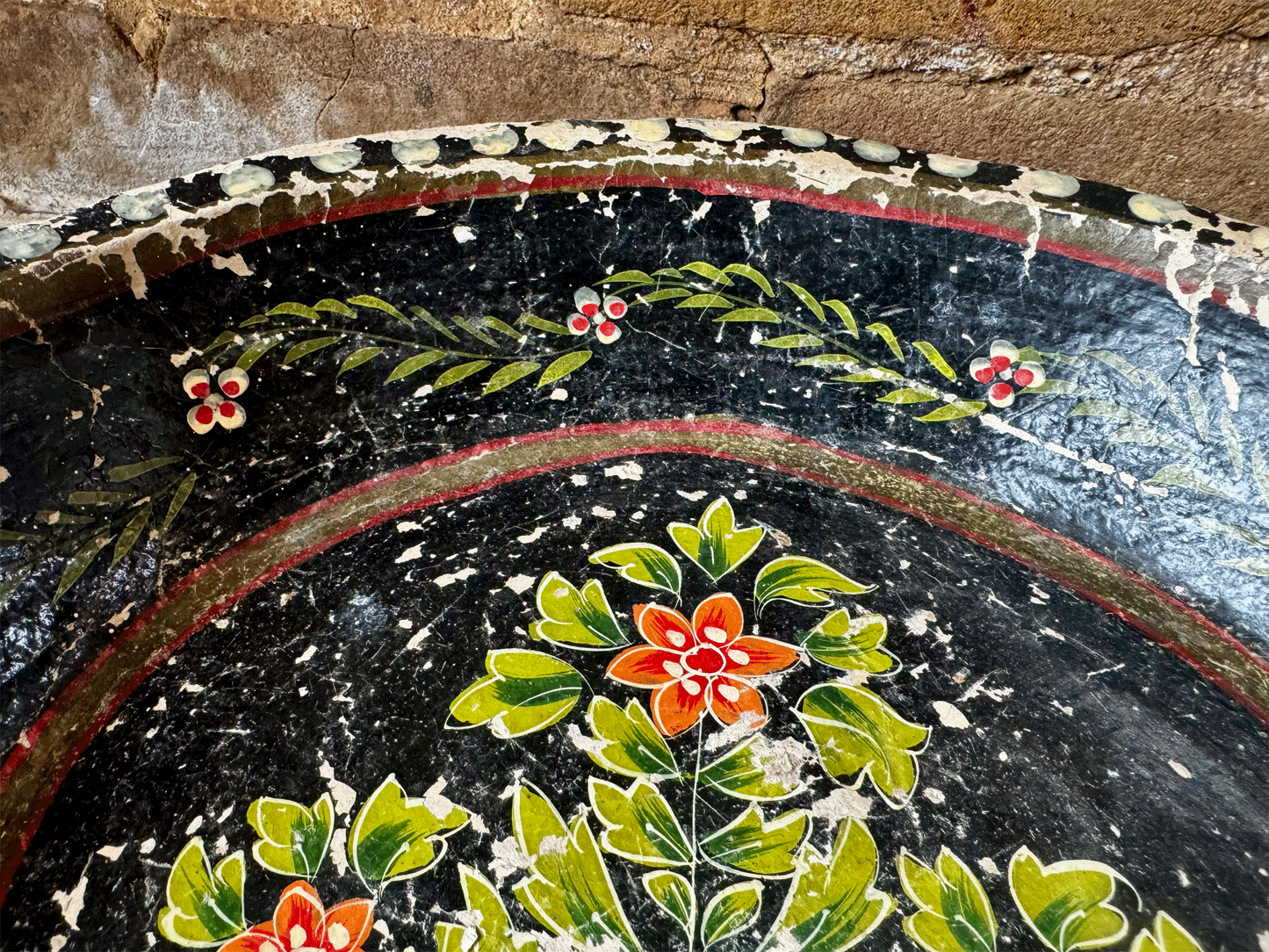 antique european large decorative floral hand painted papier mache tray large trinket dish