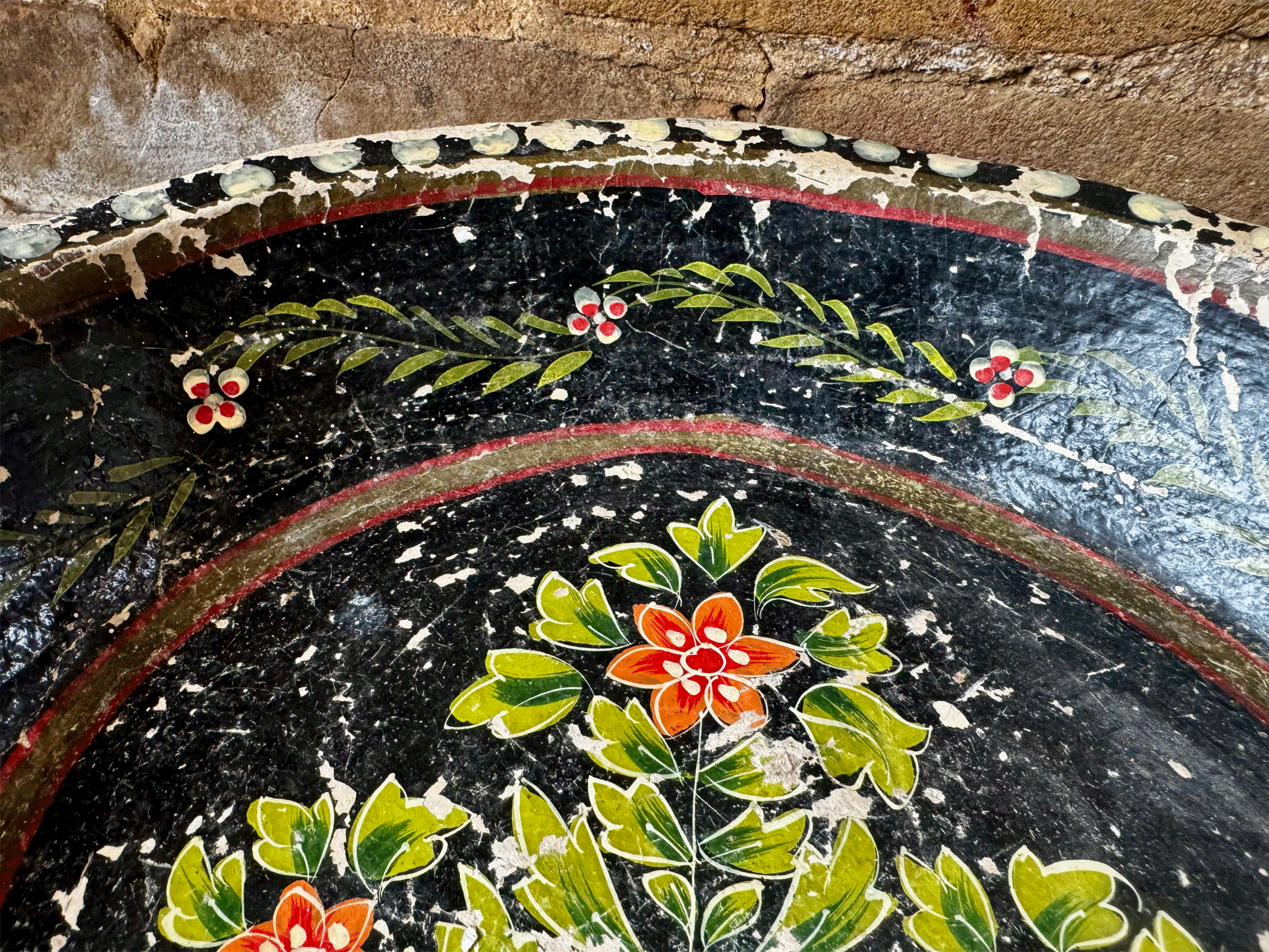 antique european large decorative floral hand painted papier mache tray large trinket dish