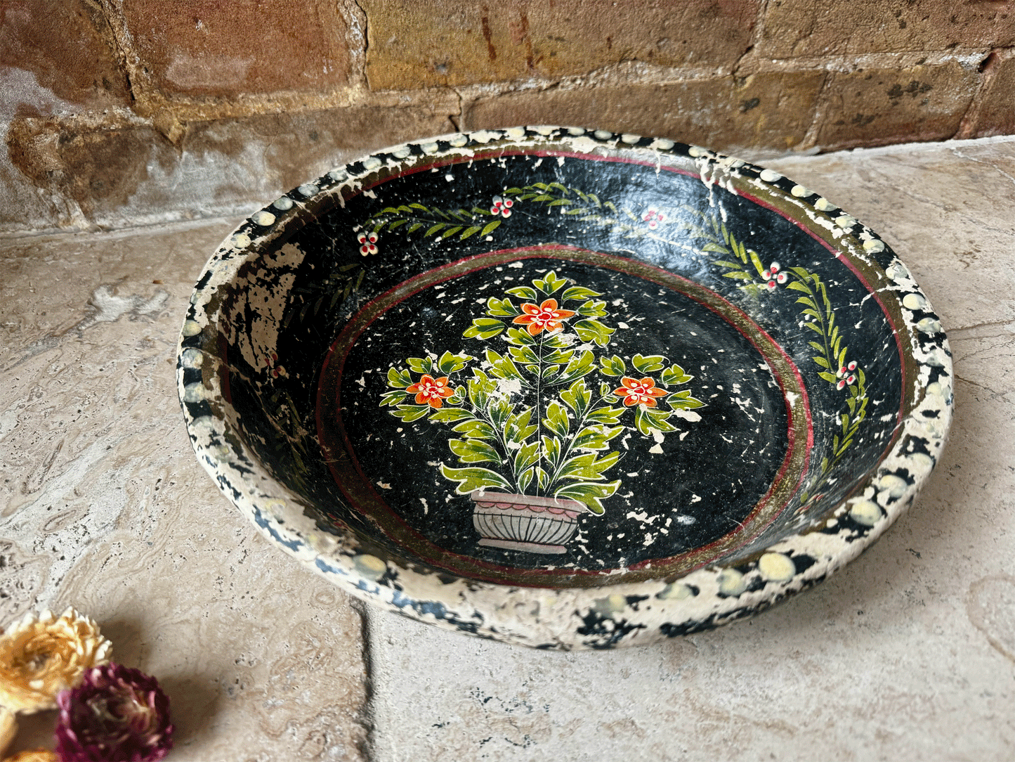 antique european large decorative floral hand painted papier mache tray large trinket dish