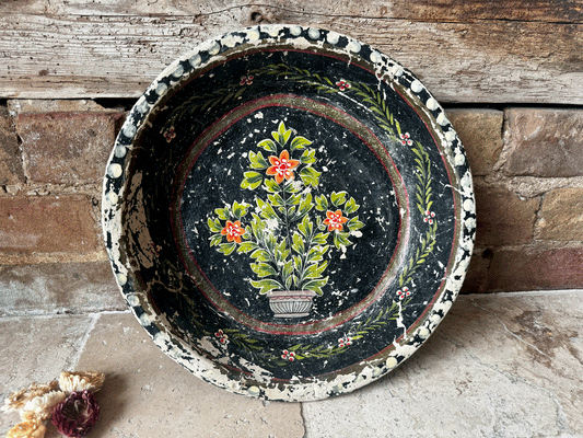 antique european large decorative floral hand painted papier mache tray large trinket dish