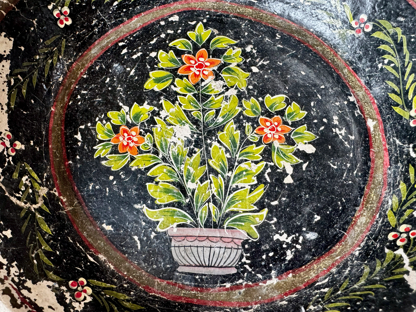 antique european large decorative floral hand painted papier mache tray large trinket dish