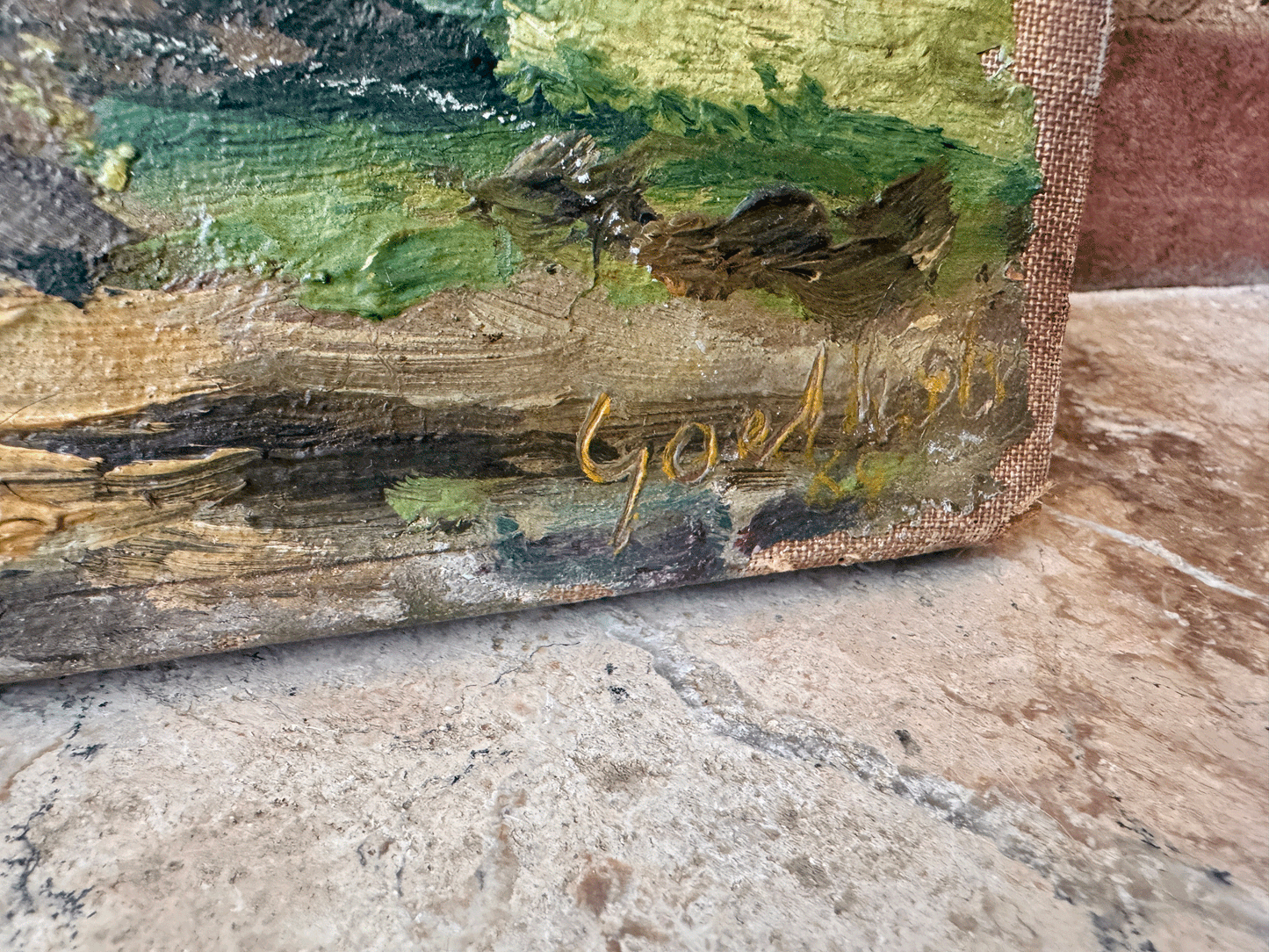 antique european artwork signed dated oil painting canvas landscape country rural farmhouse country en plein air pastoral art