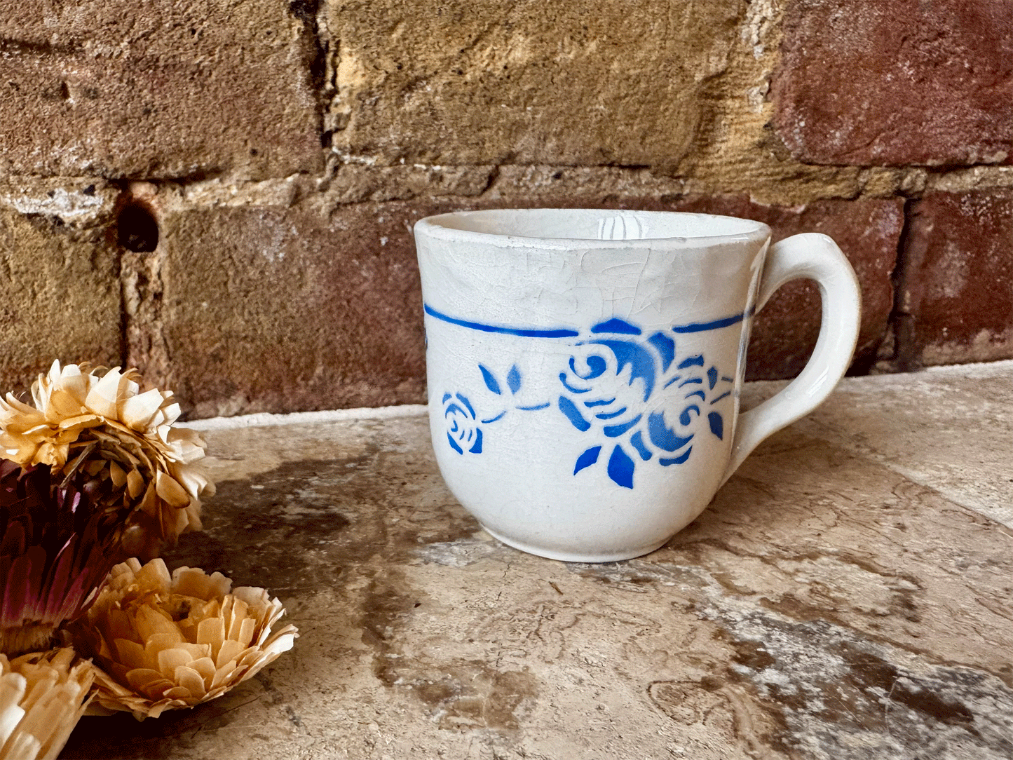 antique french floral blue transferware ironstone terre de fer espresso cup